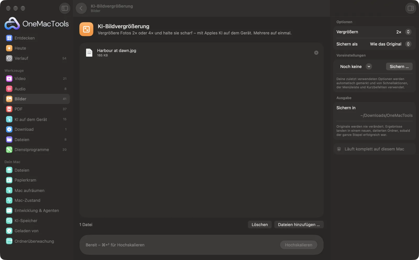 KI-Bildvergrößerung in OneMacTools auf einem Mac, mit Beispieldateien und seinen Optionen