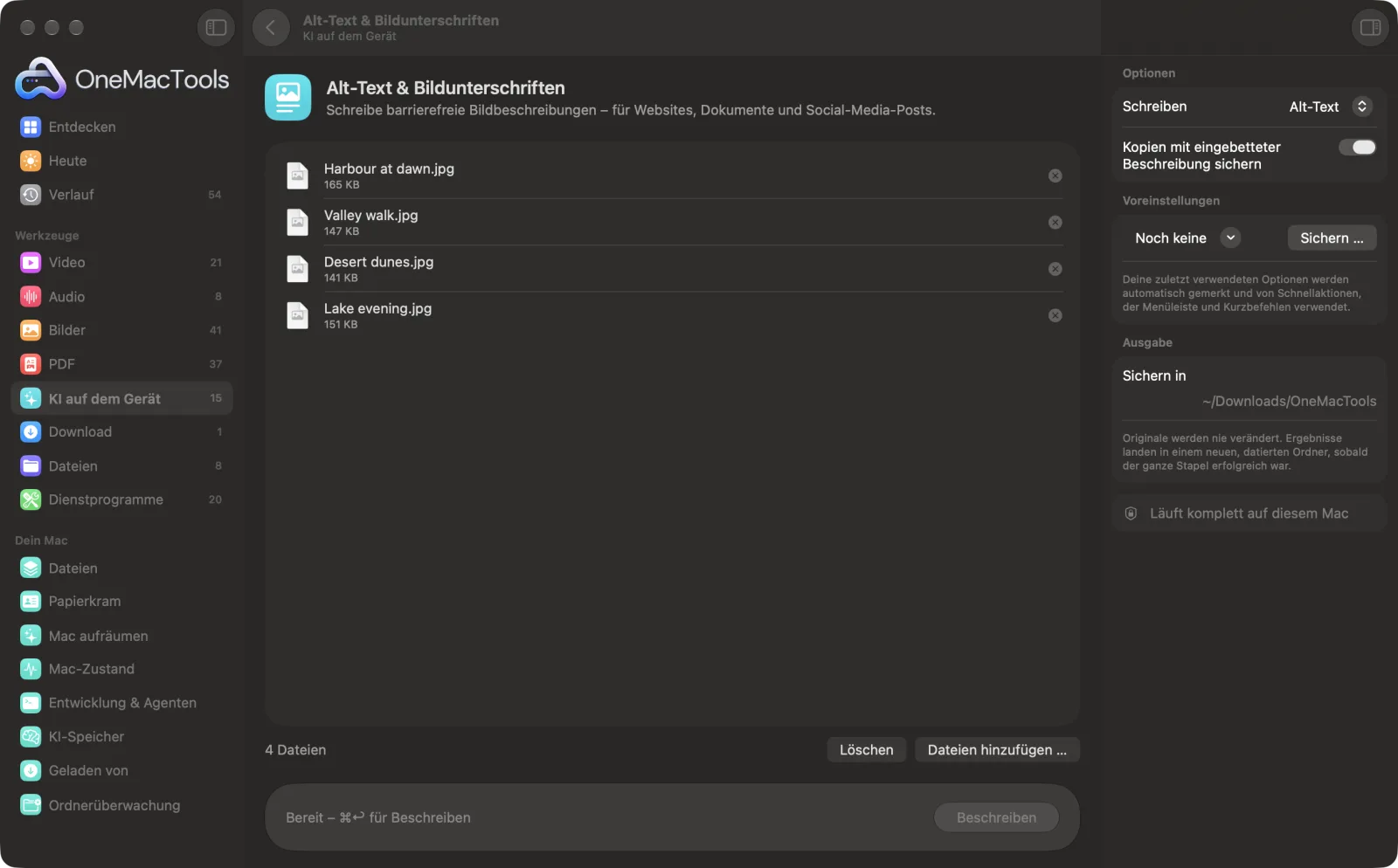 Alt-Text & Bildunterschriften in OneMacTools auf einem Mac, mit Beispieldateien und seinen Optionen