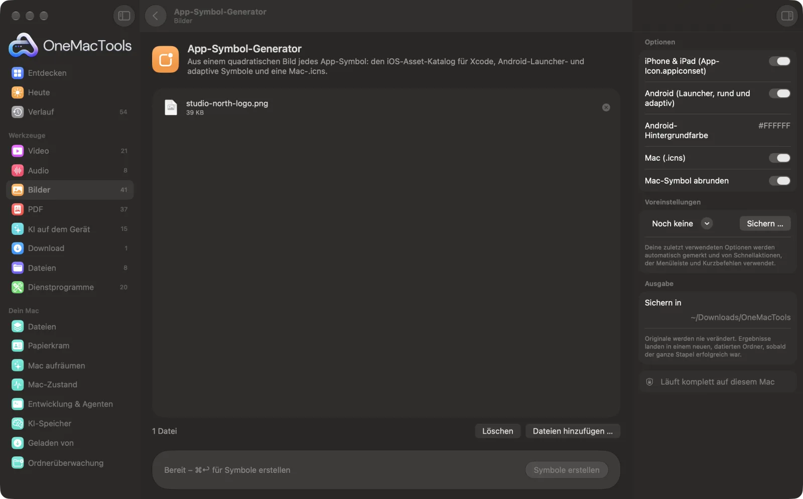 App-Symbol-Generator in OneMacTools auf einem Mac, mit Beispieldateien und seinen Optionen