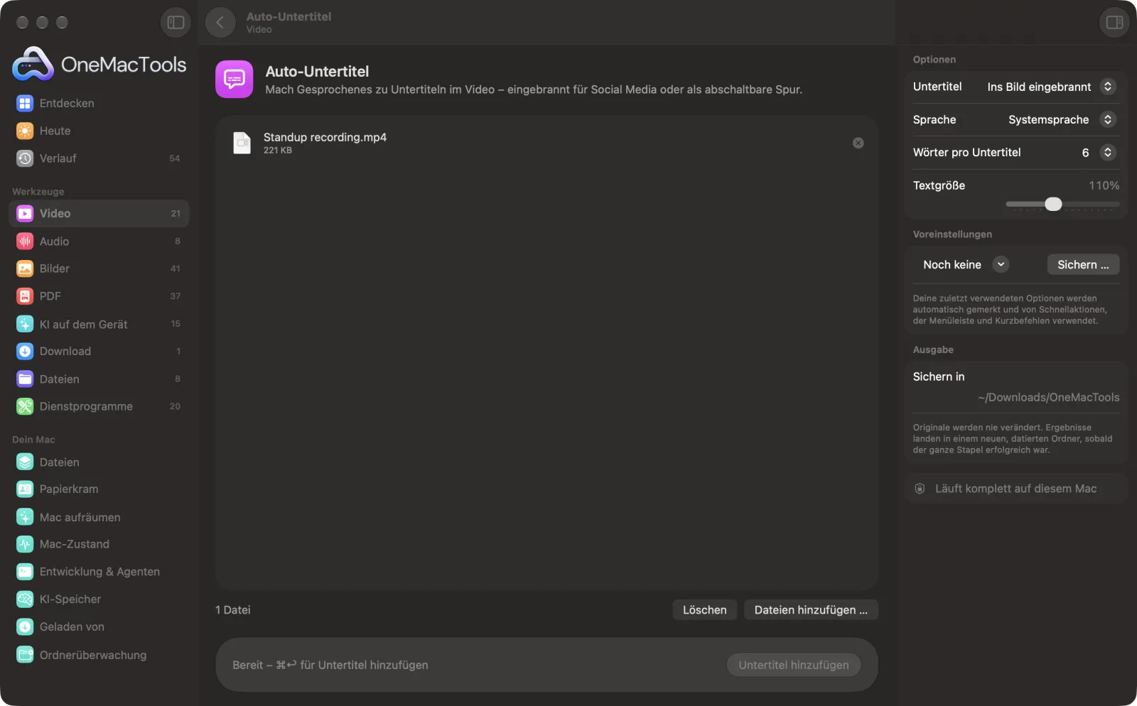 Auto-Untertitel in OneMacTools auf einem Mac, mit Beispieldateien und seinen Optionen