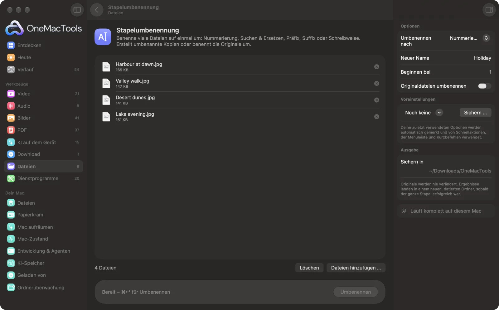 Stapelumbenennung in OneMacTools auf einem Mac, mit Beispieldateien und seinen Optionen