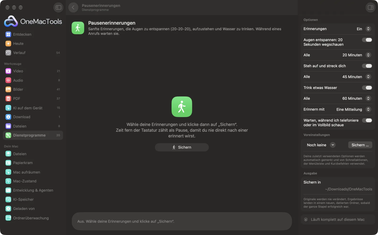 Pausenerinnerungen in OneMacTools auf einem Mac, mit Beispieldateien und seinen Optionen