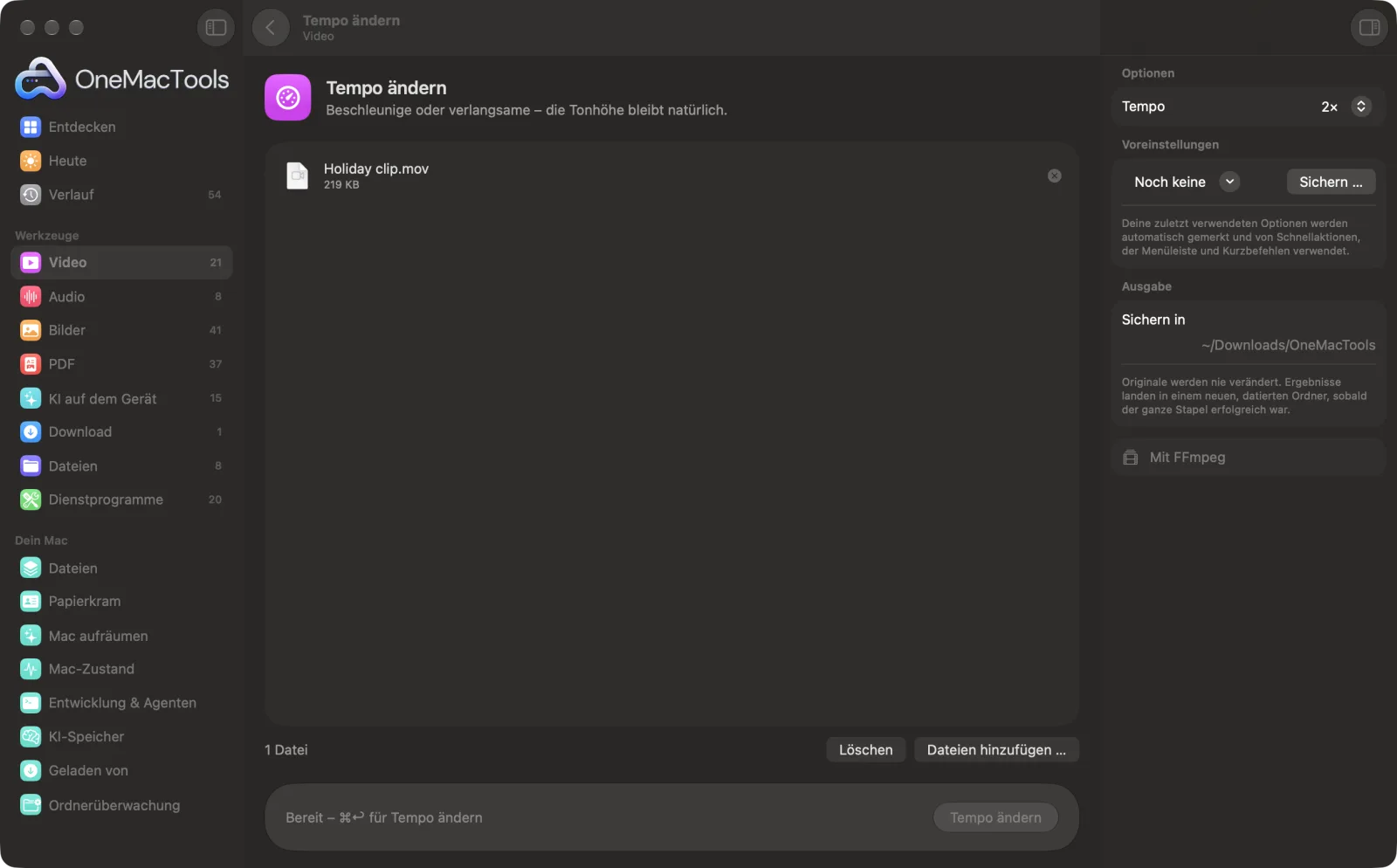 Tempo ändern in OneMacTools auf einem Mac, mit Beispieldateien und seinen Optionen
