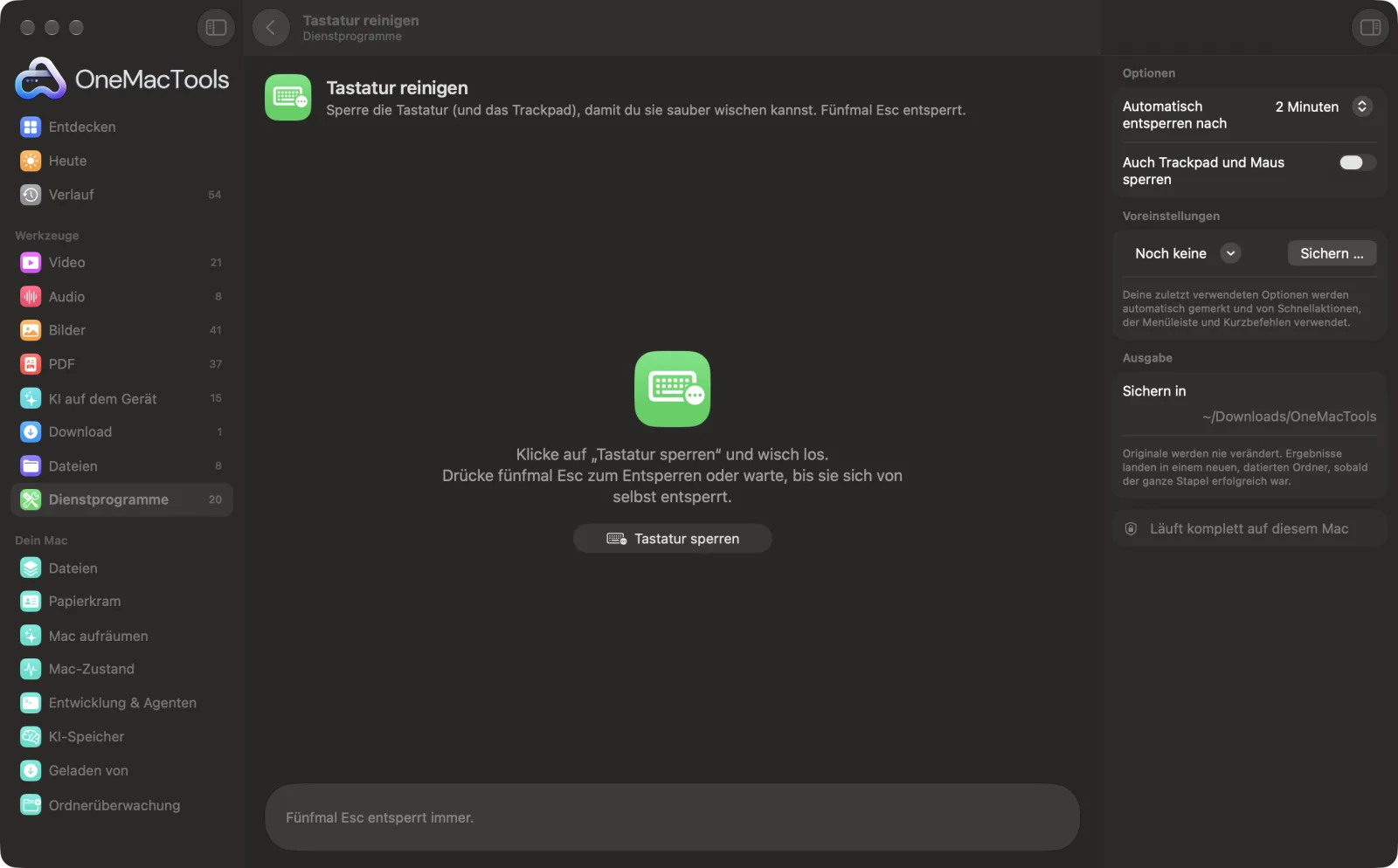 Tastatur reinigen in OneMacTools auf einem Mac, mit Beispieldateien und seinen Optionen