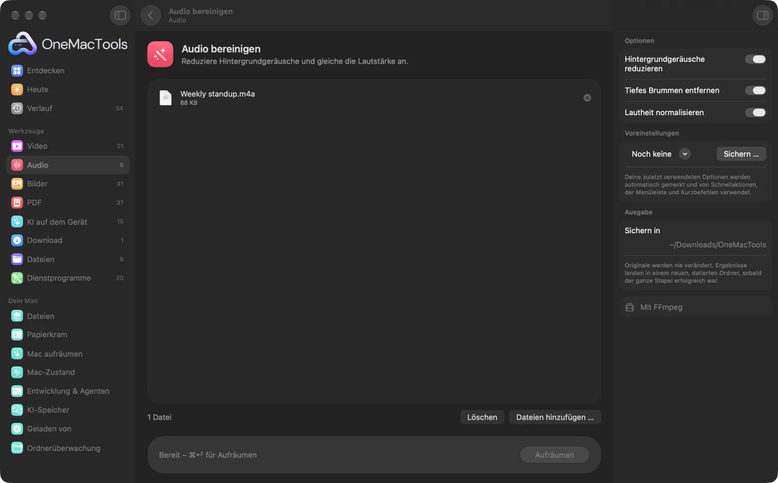 Audio bereinigen in OneMacTools auf einem Mac, mit Beispieldateien und seinen Optionen