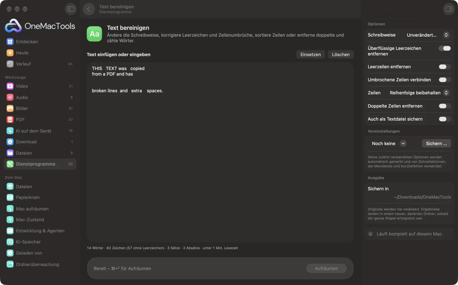 Text bereinigen in OneMacTools mit geladenen Beispieldateien und geöffnetem Optionsbereich