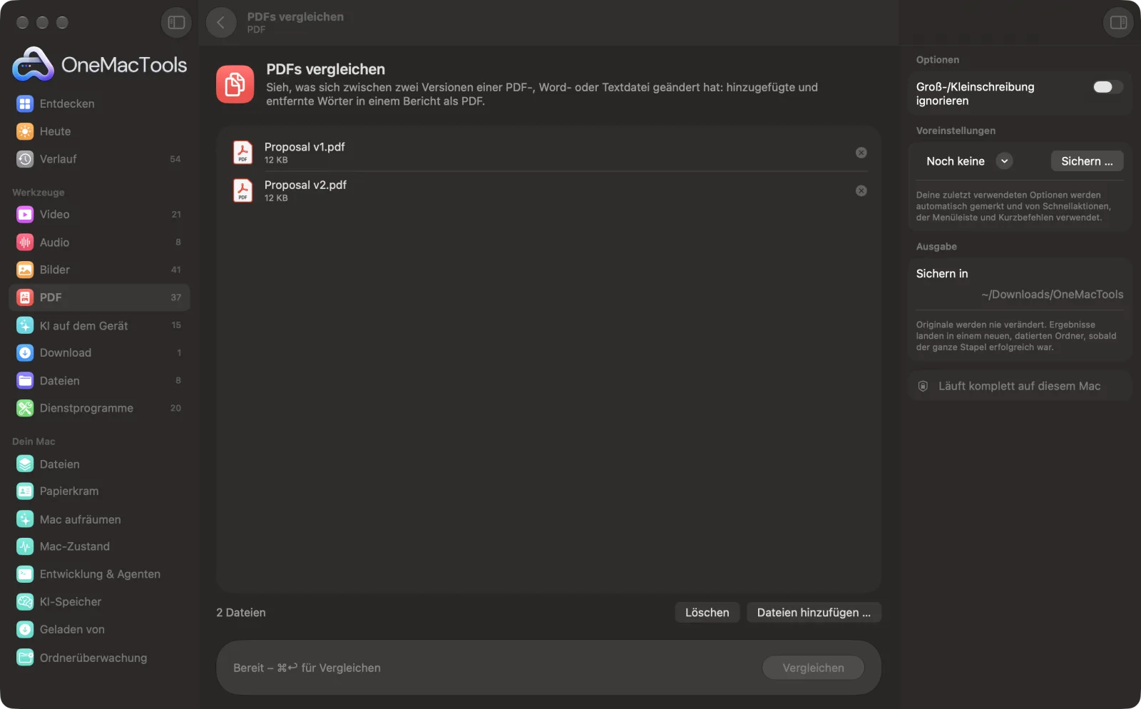 PDFs vergleichen in OneMacTools auf einem Mac, mit Beispieldateien und seinen Optionen