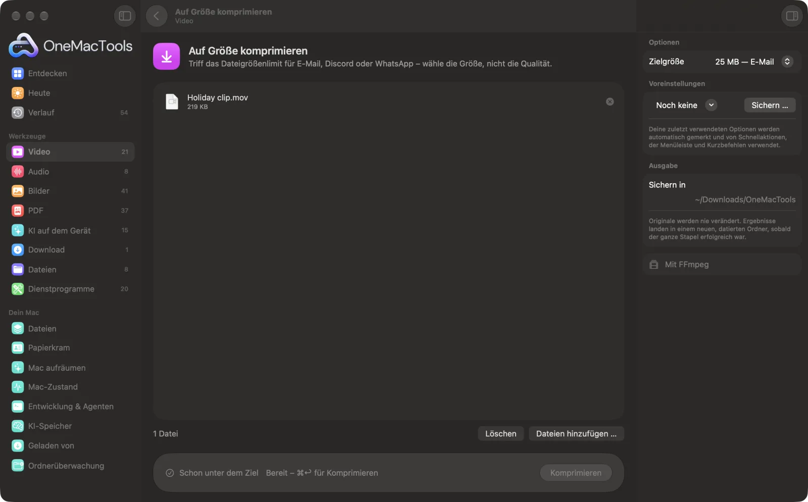 Auf Größe komprimieren in OneMacTools mit geladenen Beispieldateien und geöffnetem Optionsbereich