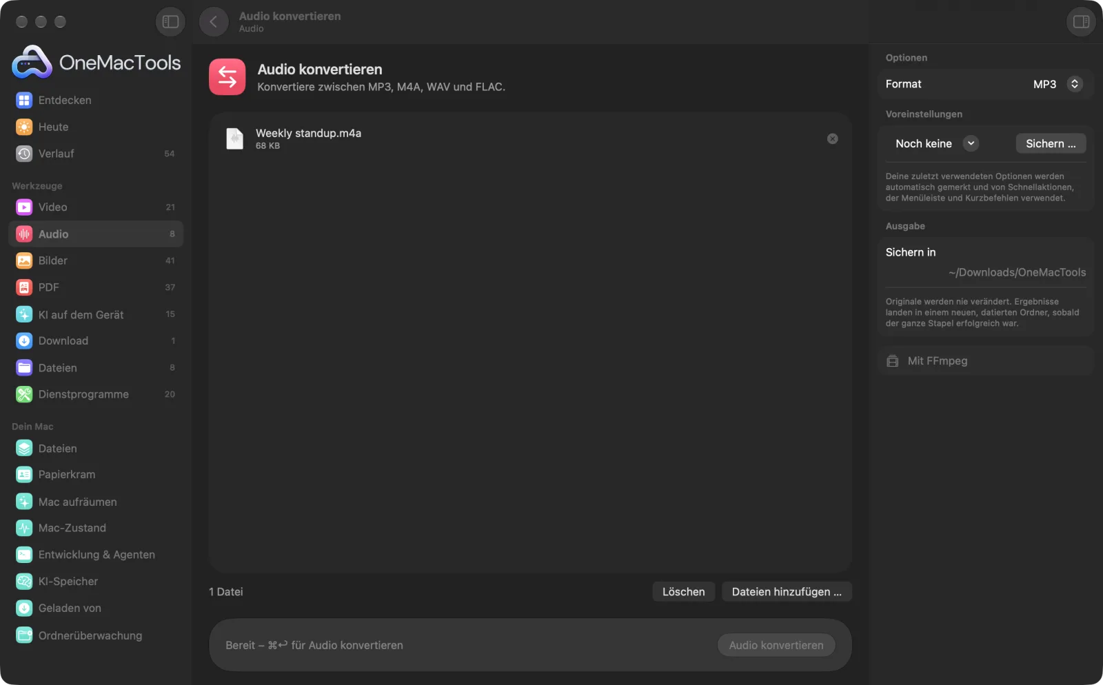 Audio konvertieren in OneMacTools auf einem Mac, mit Beispieldateien und seinen Optionen