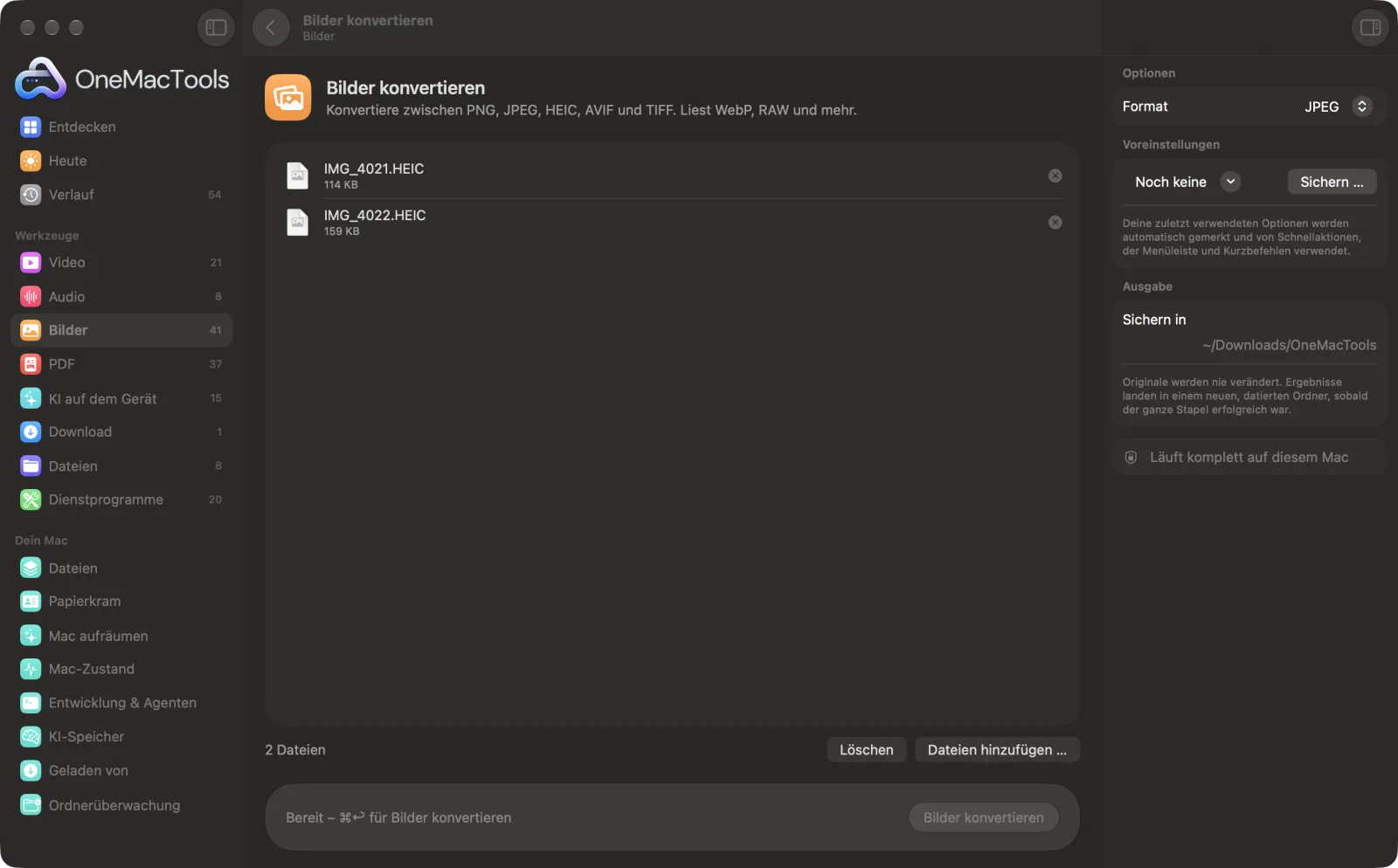 Bilder konvertieren in OneMacTools mit geladenen Beispieldateien und geöffnetem Optionsbereich