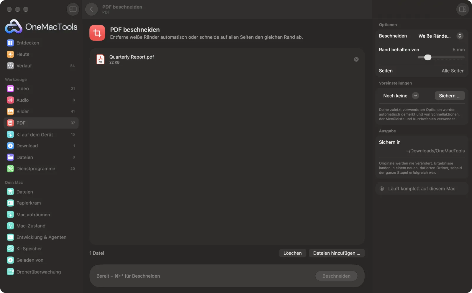 PDF beschneiden in OneMacTools auf einem Mac, mit Beispieldateien und seinen Optionen