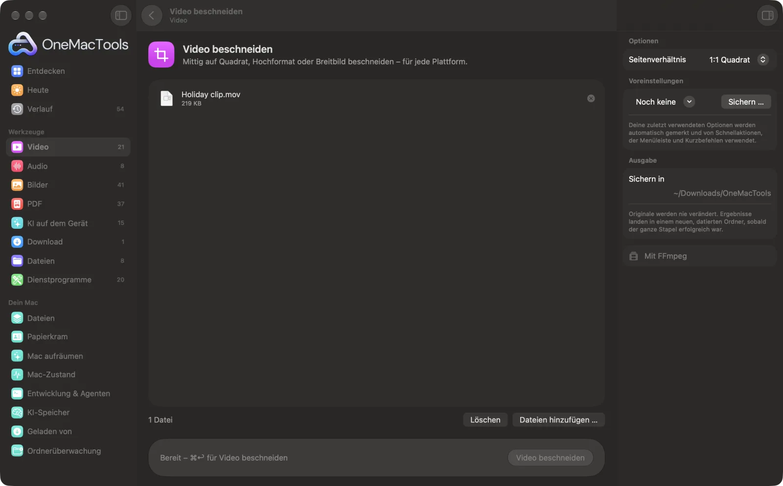 Video beschneiden in OneMacTools auf einem Mac, mit Beispieldateien und seinen Optionen
