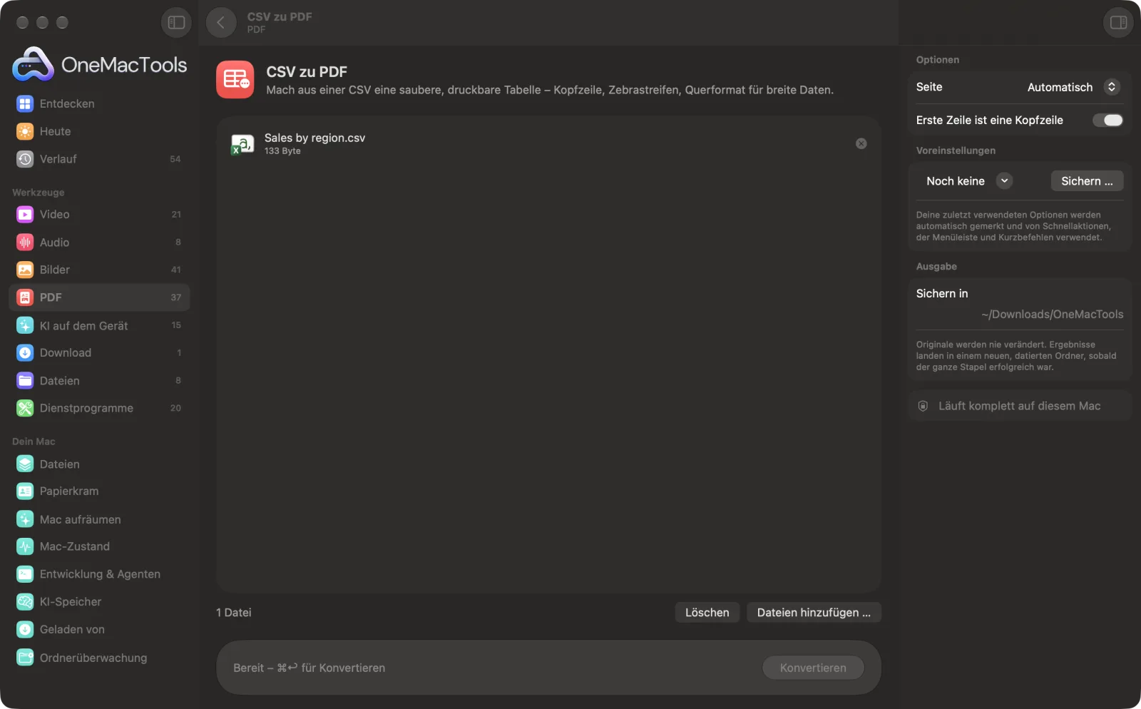 CSV zu PDF in OneMacTools auf einem Mac, mit Beispieldateien und seinen Optionen