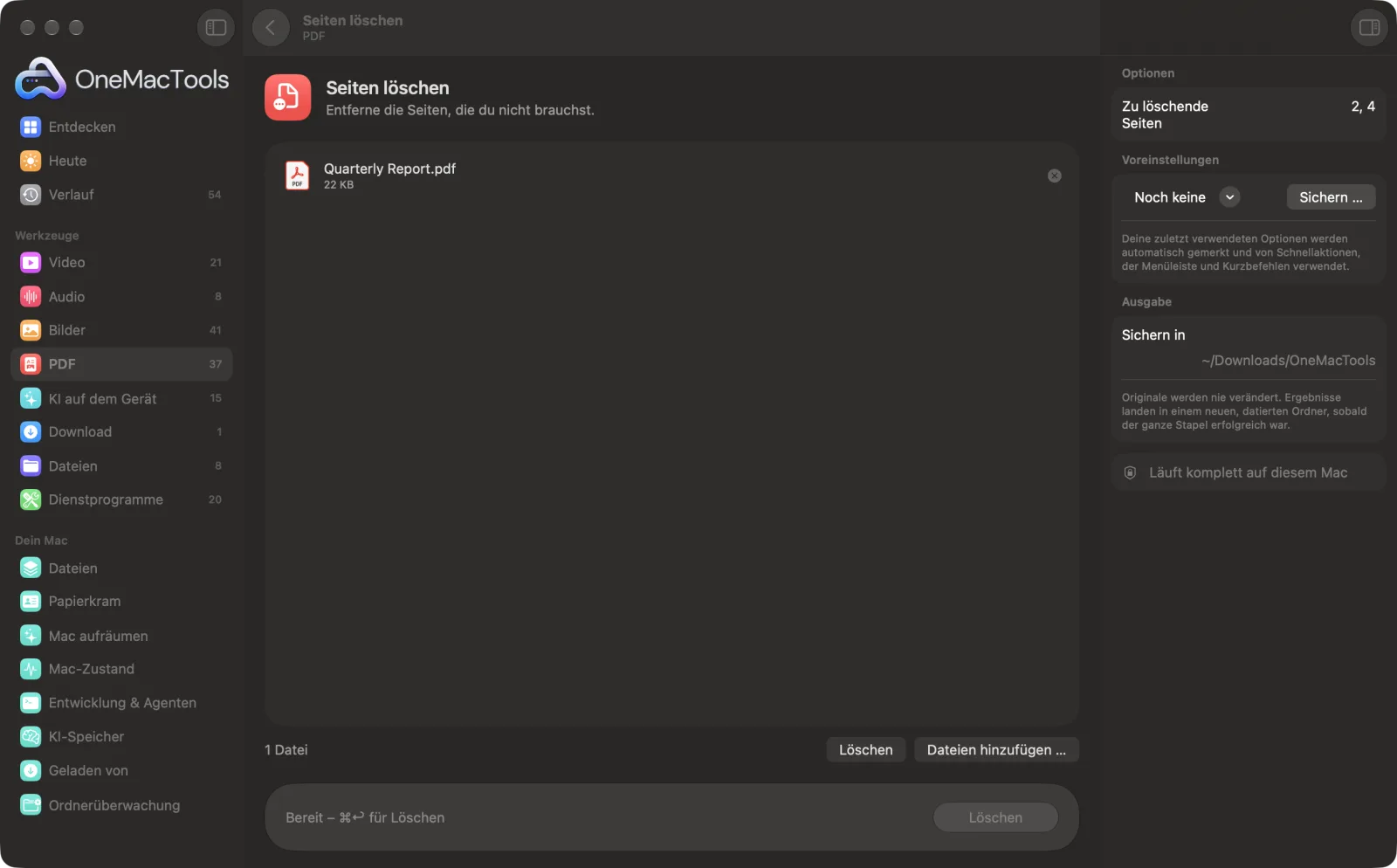 Seiten löschen in OneMacTools auf einem Mac, mit Beispieldateien und seinen Optionen