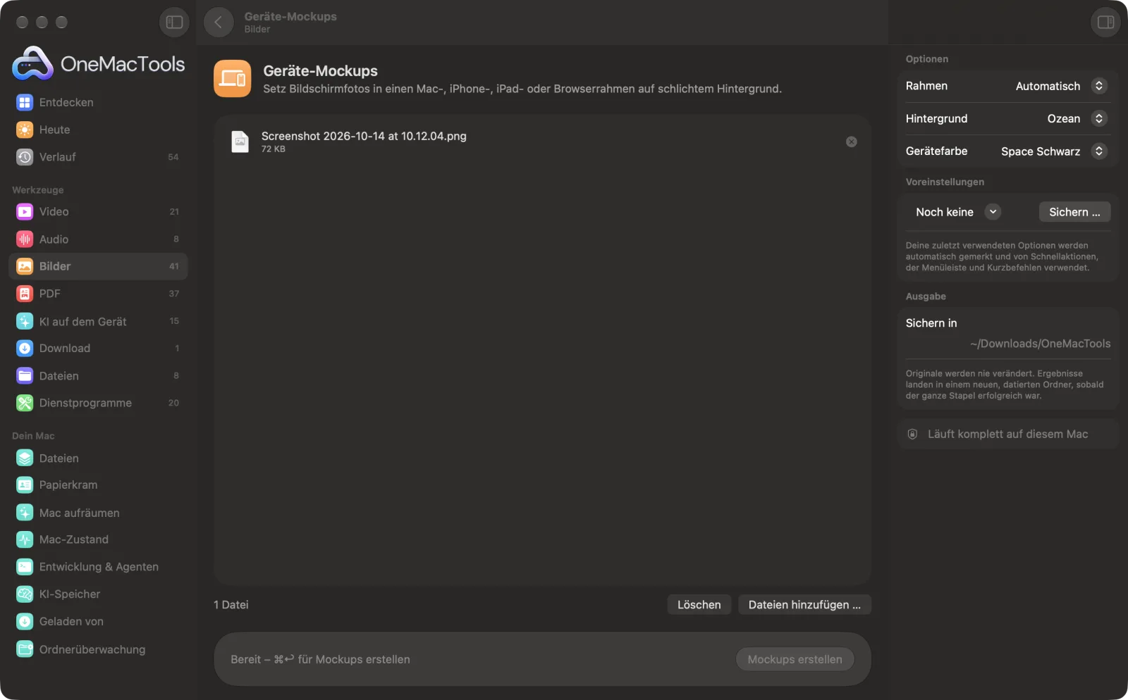Geräte-Mockups in OneMacTools auf einem Mac, mit Beispieldateien und seinen Optionen