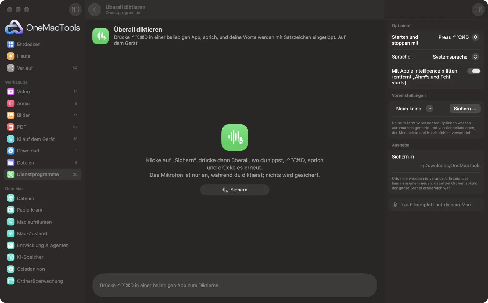 Überall diktieren in OneMacTools auf einem Mac, mit Beispieldateien und seinen Optionen