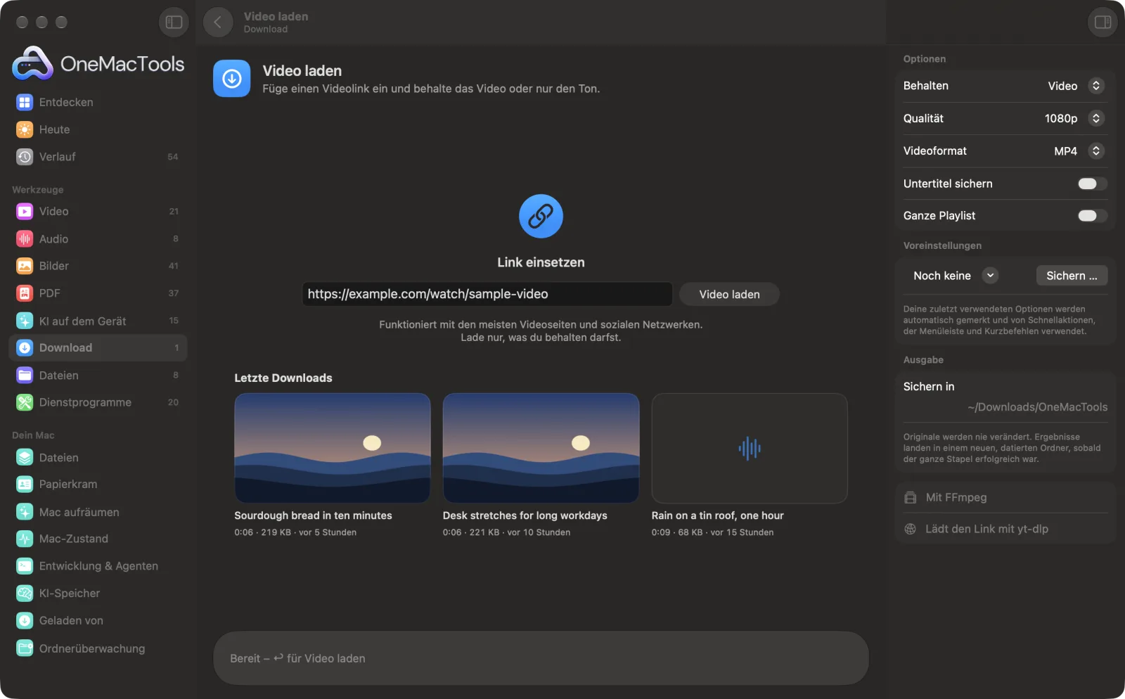 Video laden in OneMacTools auf einem Mac, mit Beispieldateien und seinen Optionen