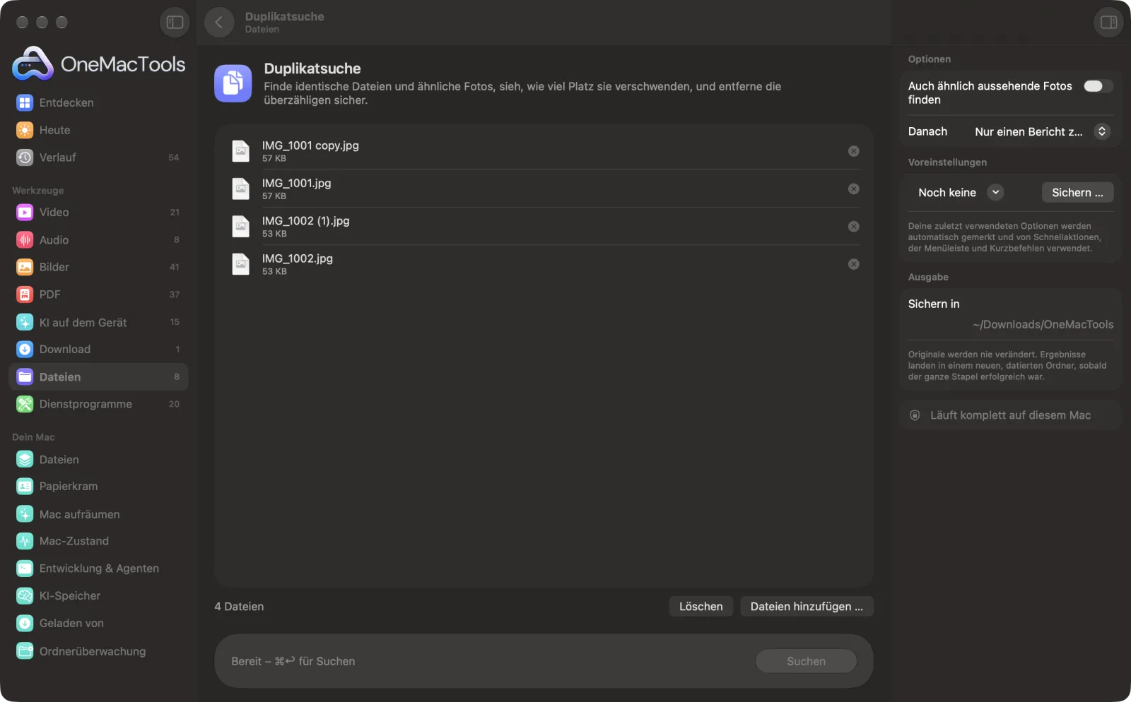 Duplikatsuche in OneMacTools auf einem Mac, mit Beispieldateien und seinen Optionen
