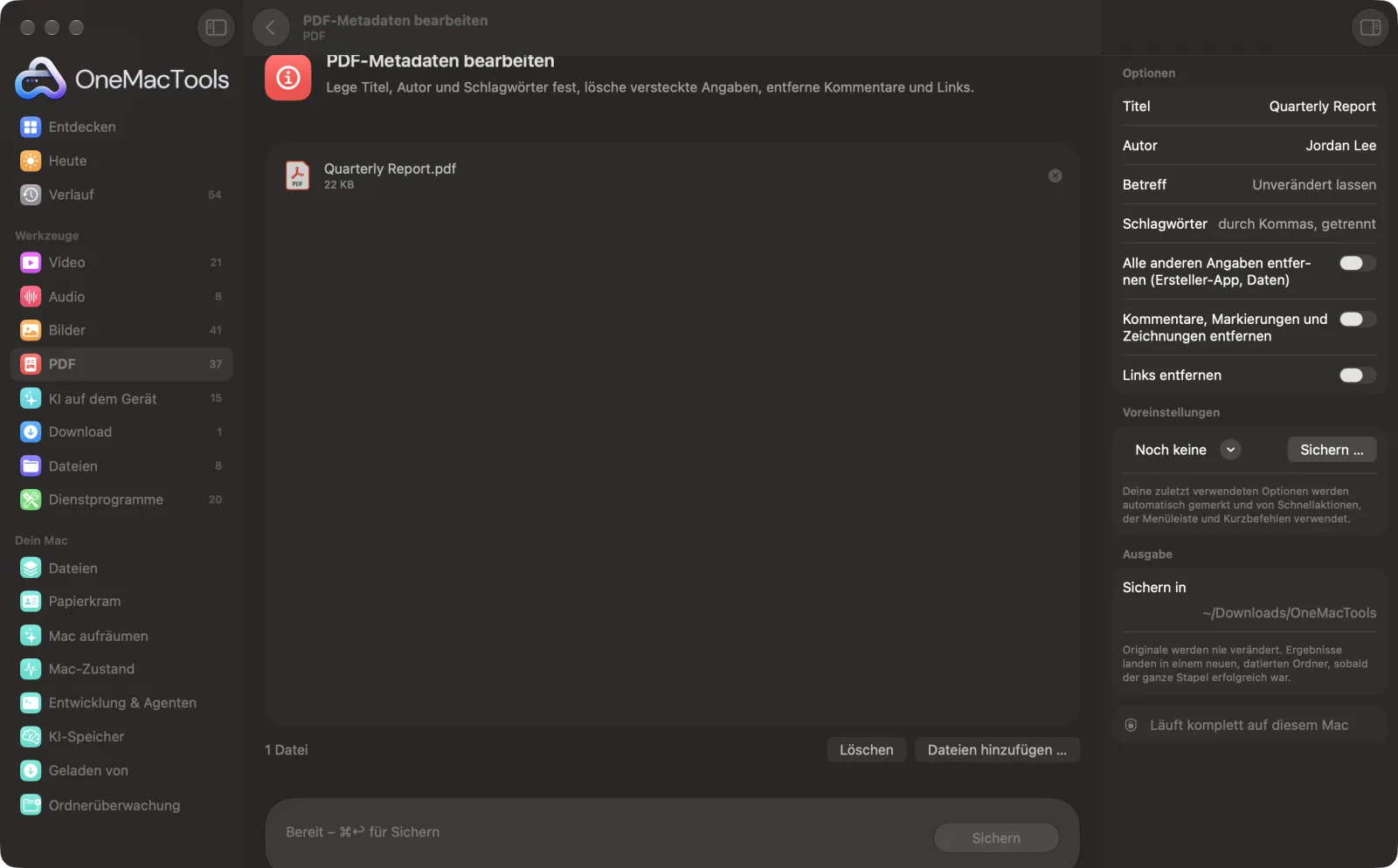 PDF-Metadaten bearbeiten in OneMacTools auf einem Mac, mit Beispieldateien und seinen Optionen