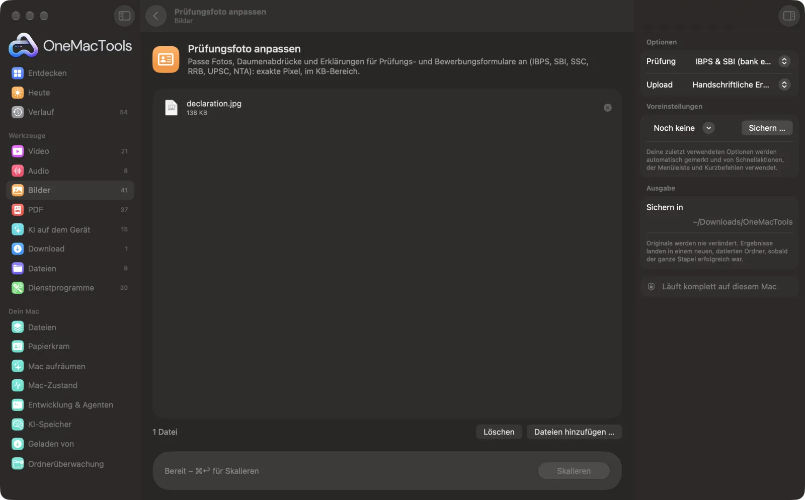 Prüfungsfoto anpassen in OneMacTools auf einem Mac, mit Beispieldateien und seinen Optionen