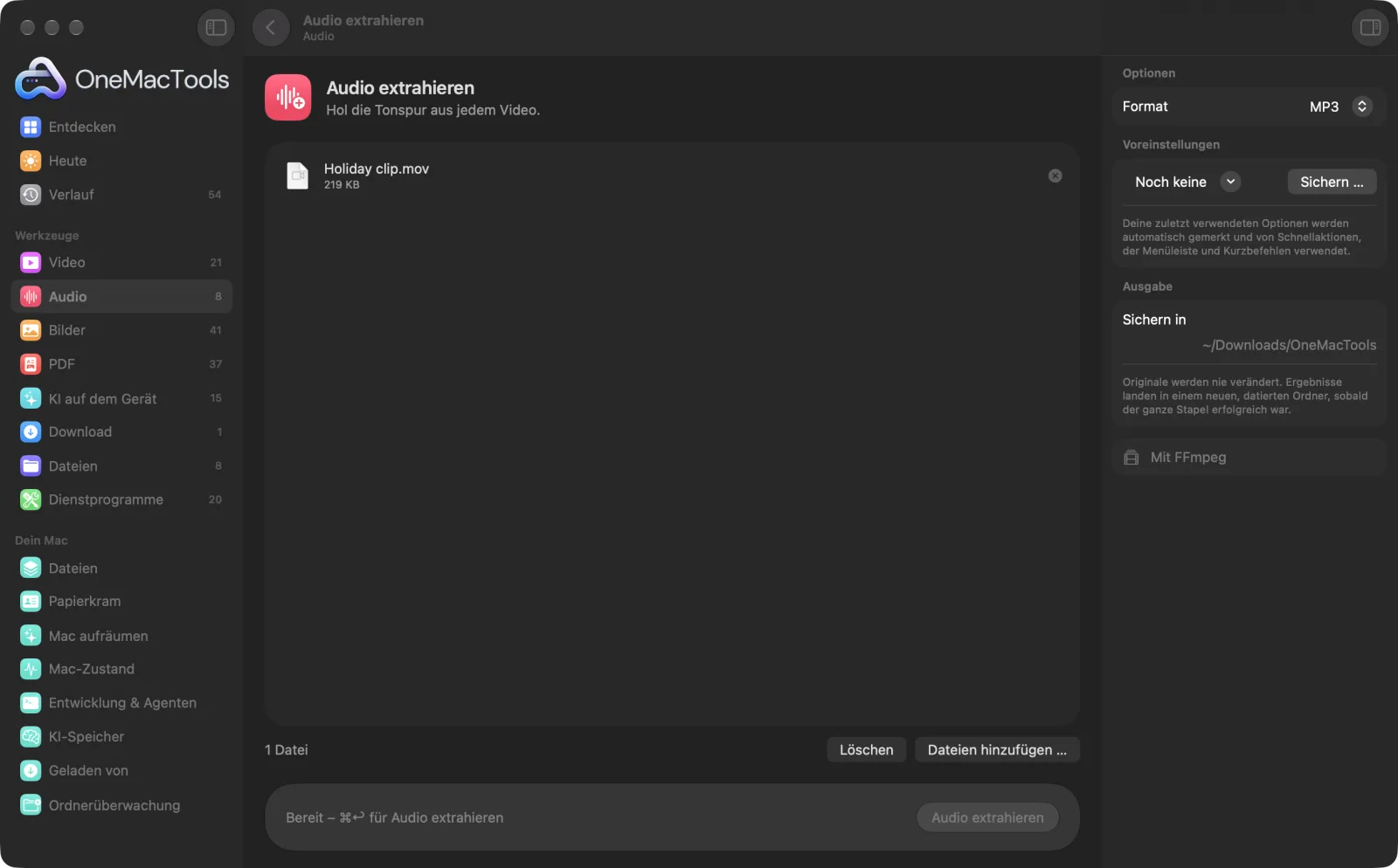 Audio extrahieren in OneMacTools auf einem Mac, mit Beispieldateien und seinen Optionen