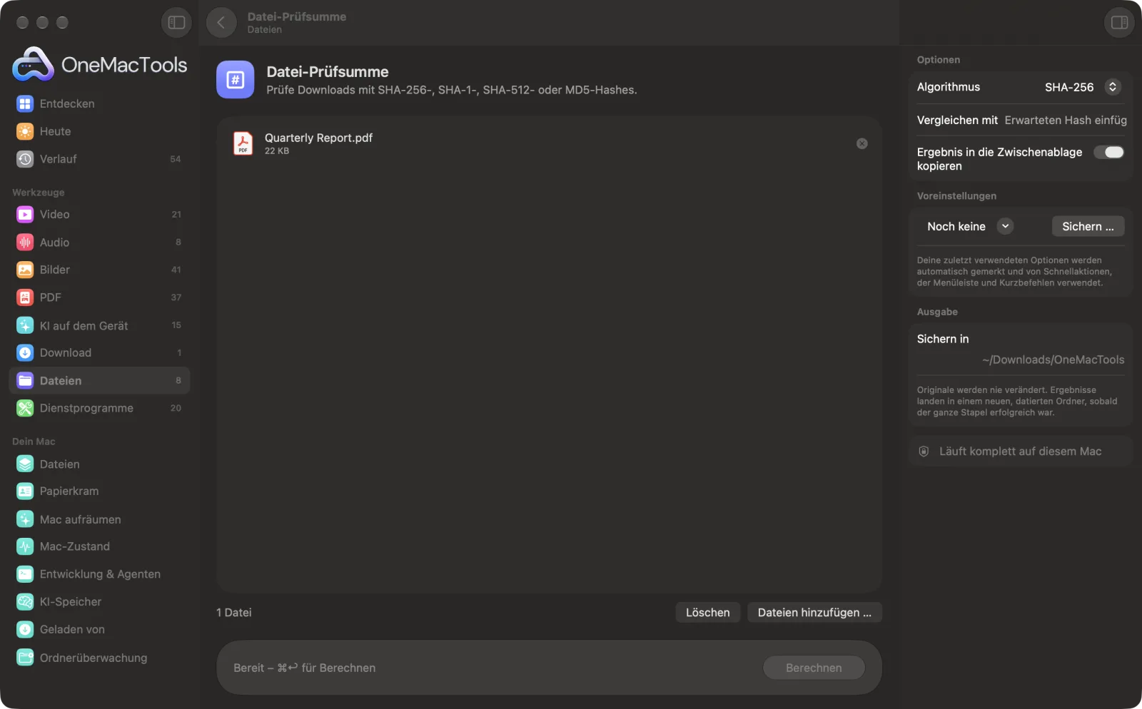 Datei-Prüfsumme in OneMacTools auf einem Mac, mit Beispieldateien und seinen Optionen