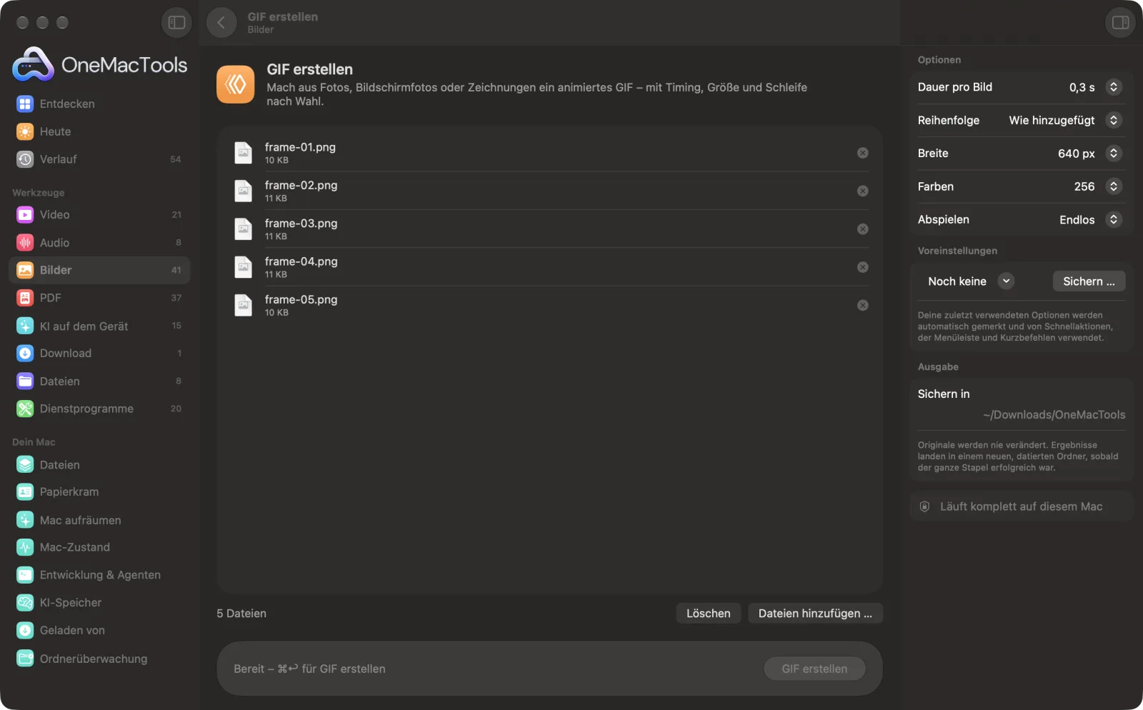 GIF erstellen in OneMacTools auf einem Mac, mit Beispieldateien und seinen Optionen