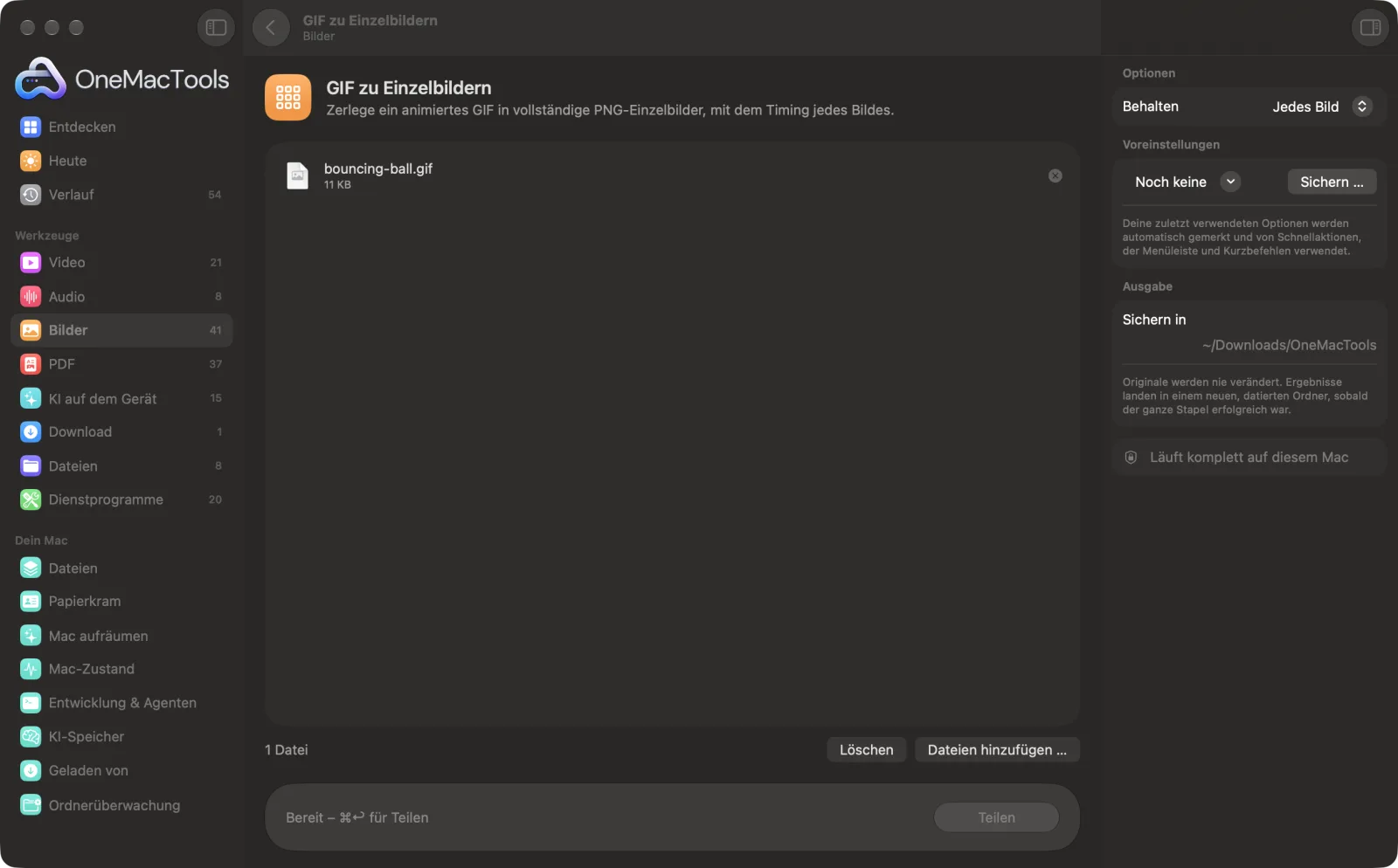 GIF zu Einzelbildern in OneMacTools auf einem Mac, mit Beispieldateien und seinen Optionen