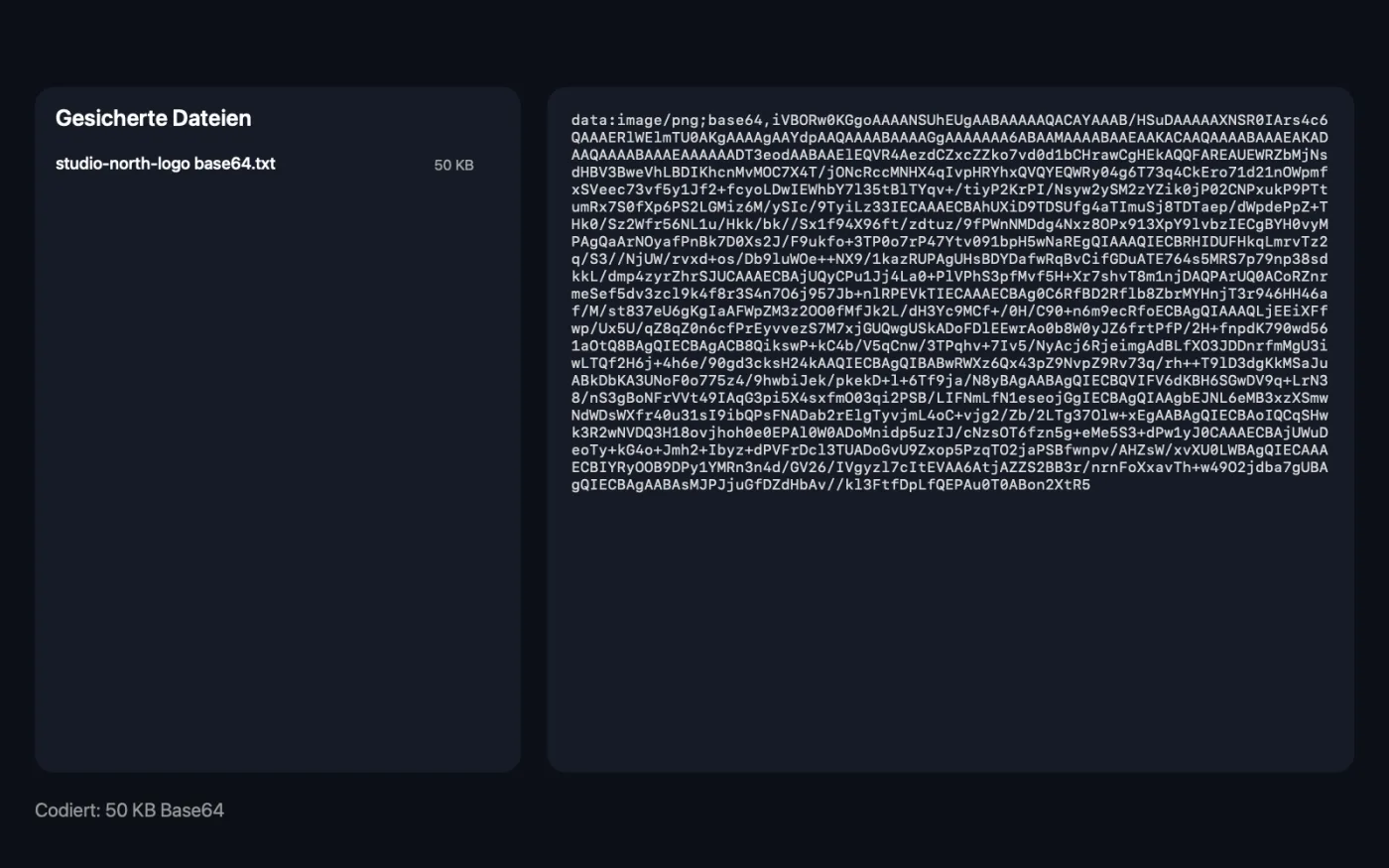 Das Ergebnis von Bild zu Base64 mit den Beispieldateien