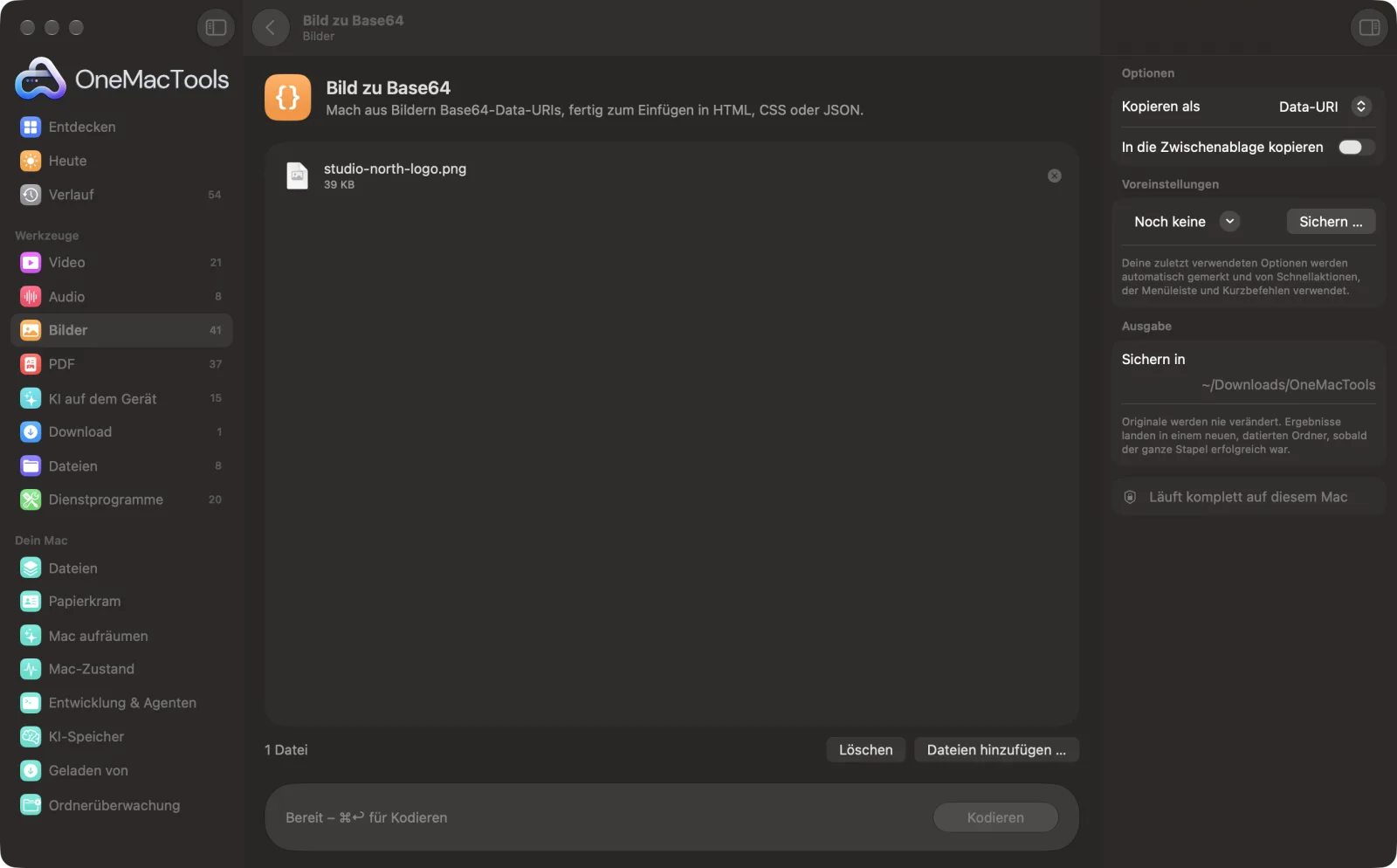 Bild zu Base64 in OneMacTools auf einem Mac, mit Beispieldateien und seinen Optionen