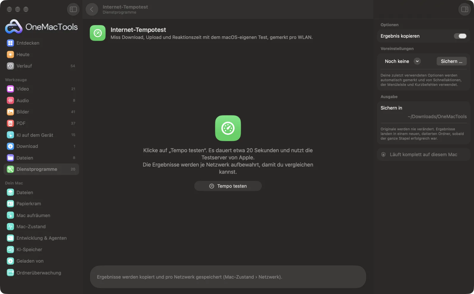 Internet-Tempotest in OneMacTools auf einem Mac, mit Beispieldateien und seinen Optionen