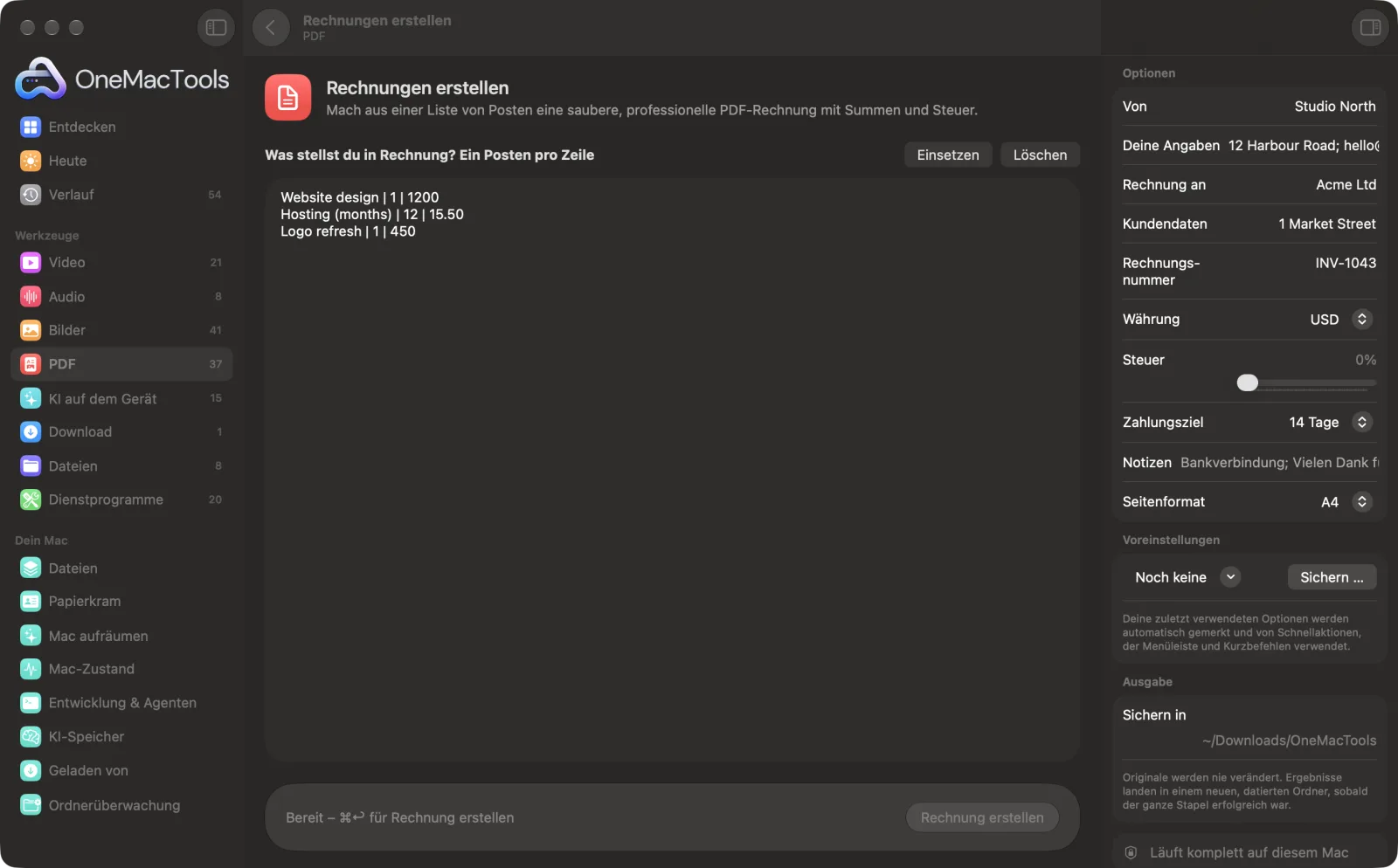 Rechnungen erstellen in OneMacTools mit geladenen Beispieldateien und geöffnetem Optionsbereich
