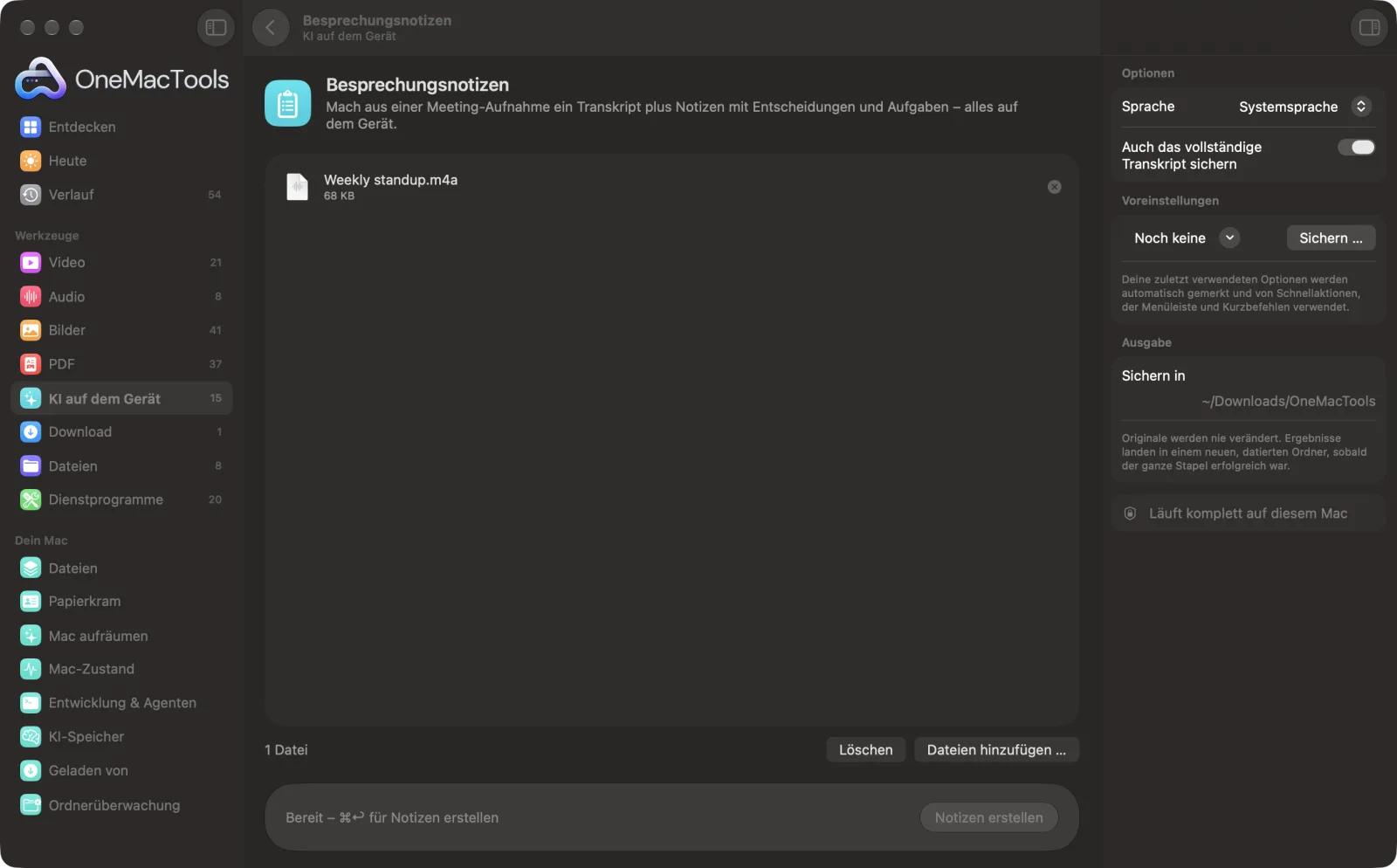 Besprechungsnotizen in OneMacTools mit geladenen Beispieldateien und geöffnetem Optionsbereich