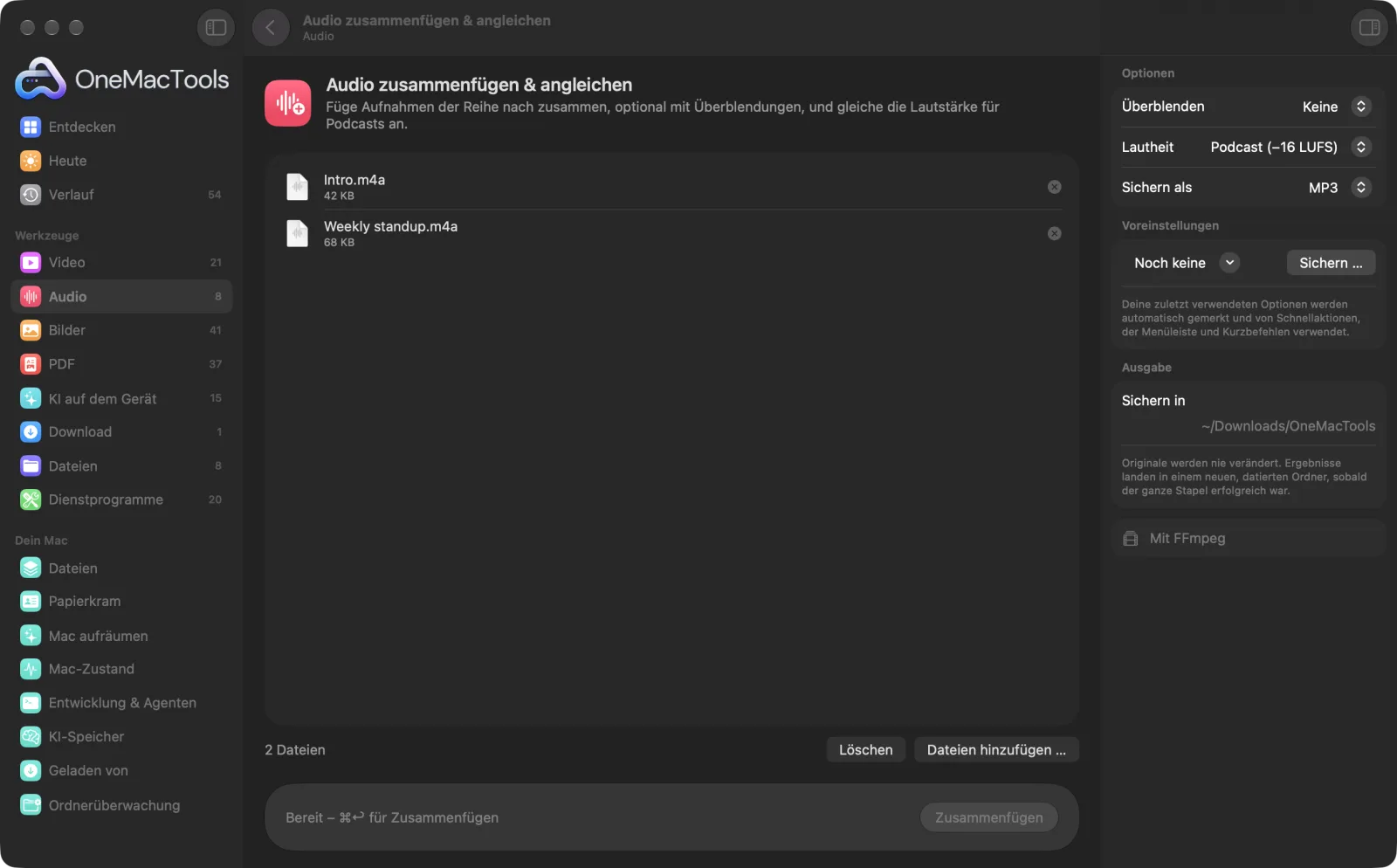 Audio zusammenfügen & angleichen in OneMacTools auf einem Mac, mit Beispieldateien und seinen Optionen