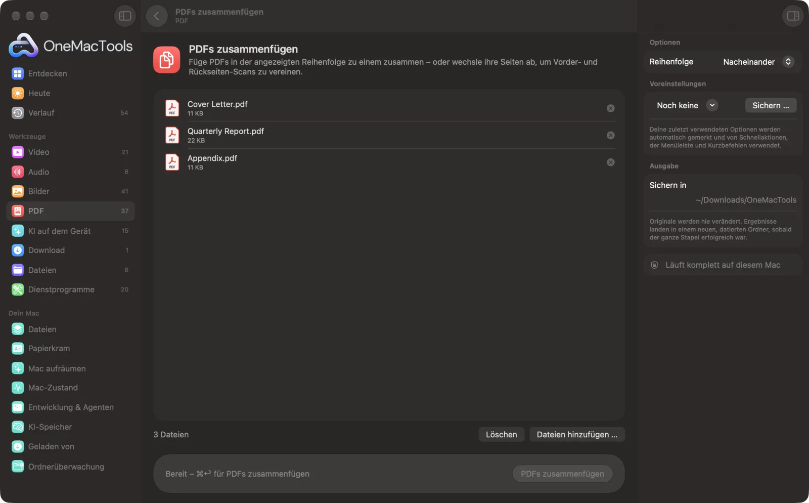 PDFs zusammenfügen in OneMacTools mit geladenen Beispieldateien und geöffnetem Optionsbereich