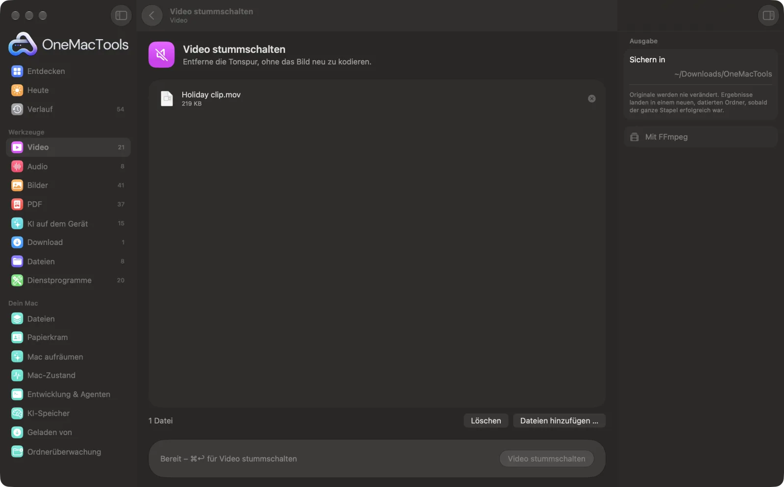 Video stummschalten in OneMacTools auf einem Mac, mit Beispieldateien und seinen Optionen