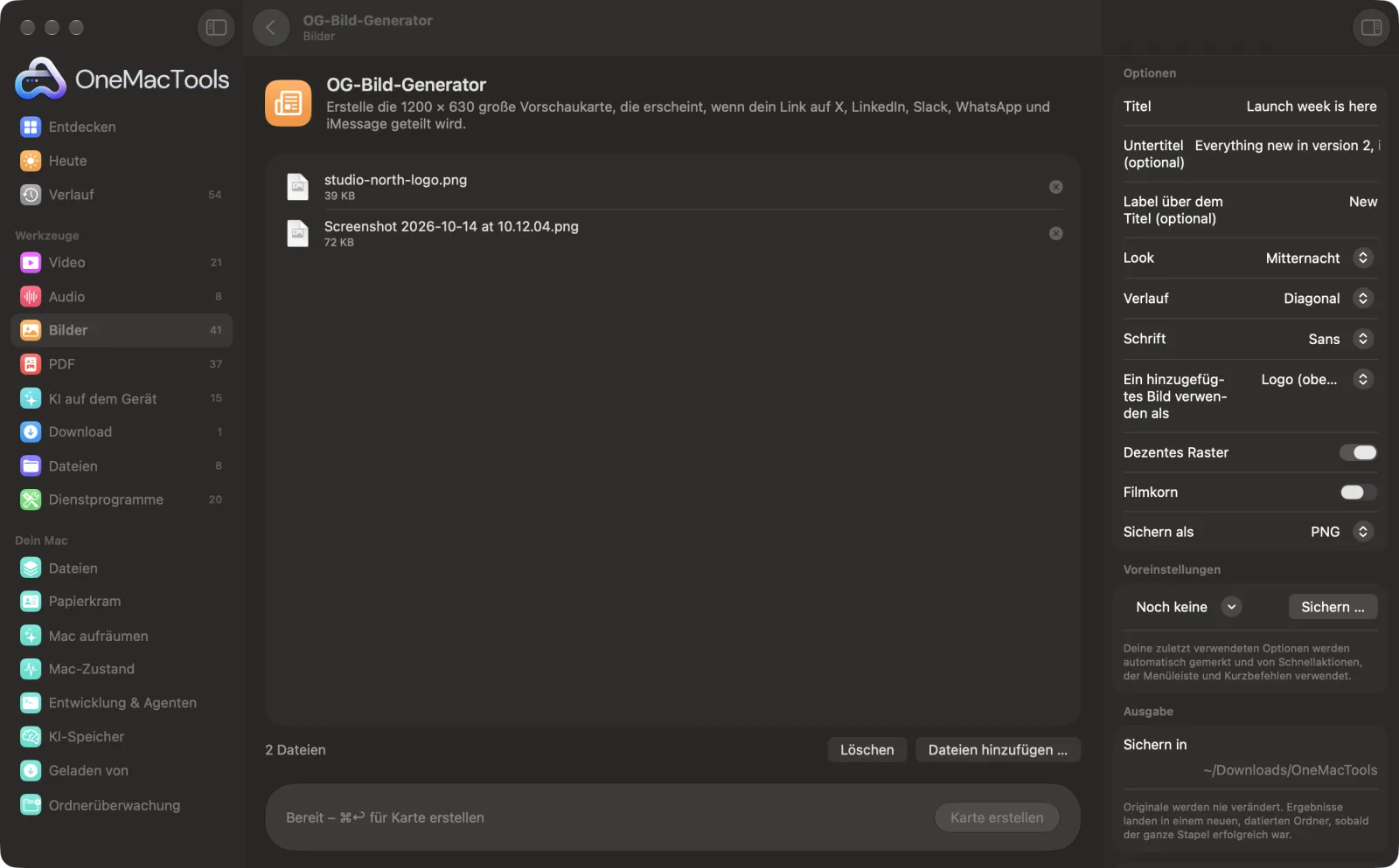 OG-Bild-Generator in OneMacTools auf einem Mac, mit Beispieldateien und seinen Optionen
