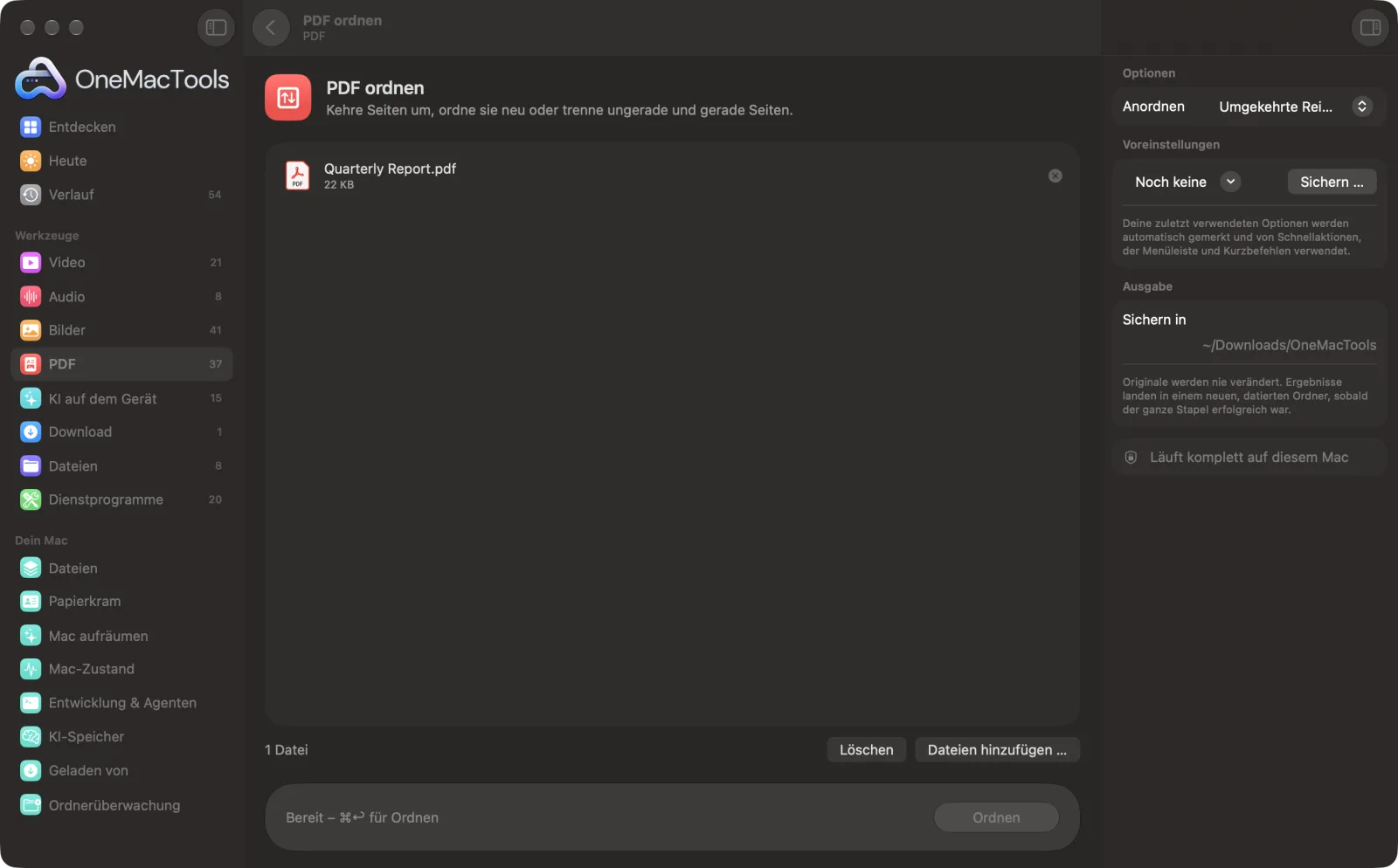 PDF ordnen in OneMacTools auf einem Mac, mit Beispieldateien und seinen Optionen