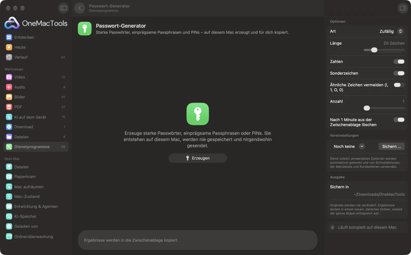 Passwort-Generator in OneMacTools auf einem Mac, mit Beispieldateien und seinen Optionen