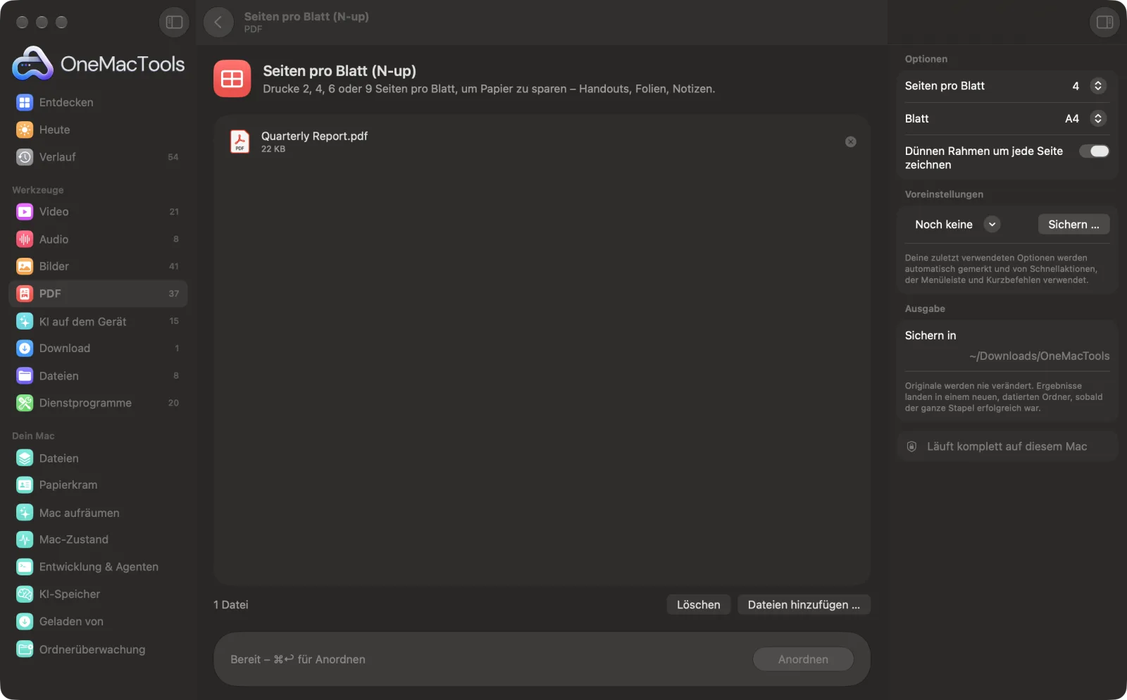 Seiten pro Blatt in OneMacTools auf einem Mac, mit Beispieldateien und seinen Optionen
