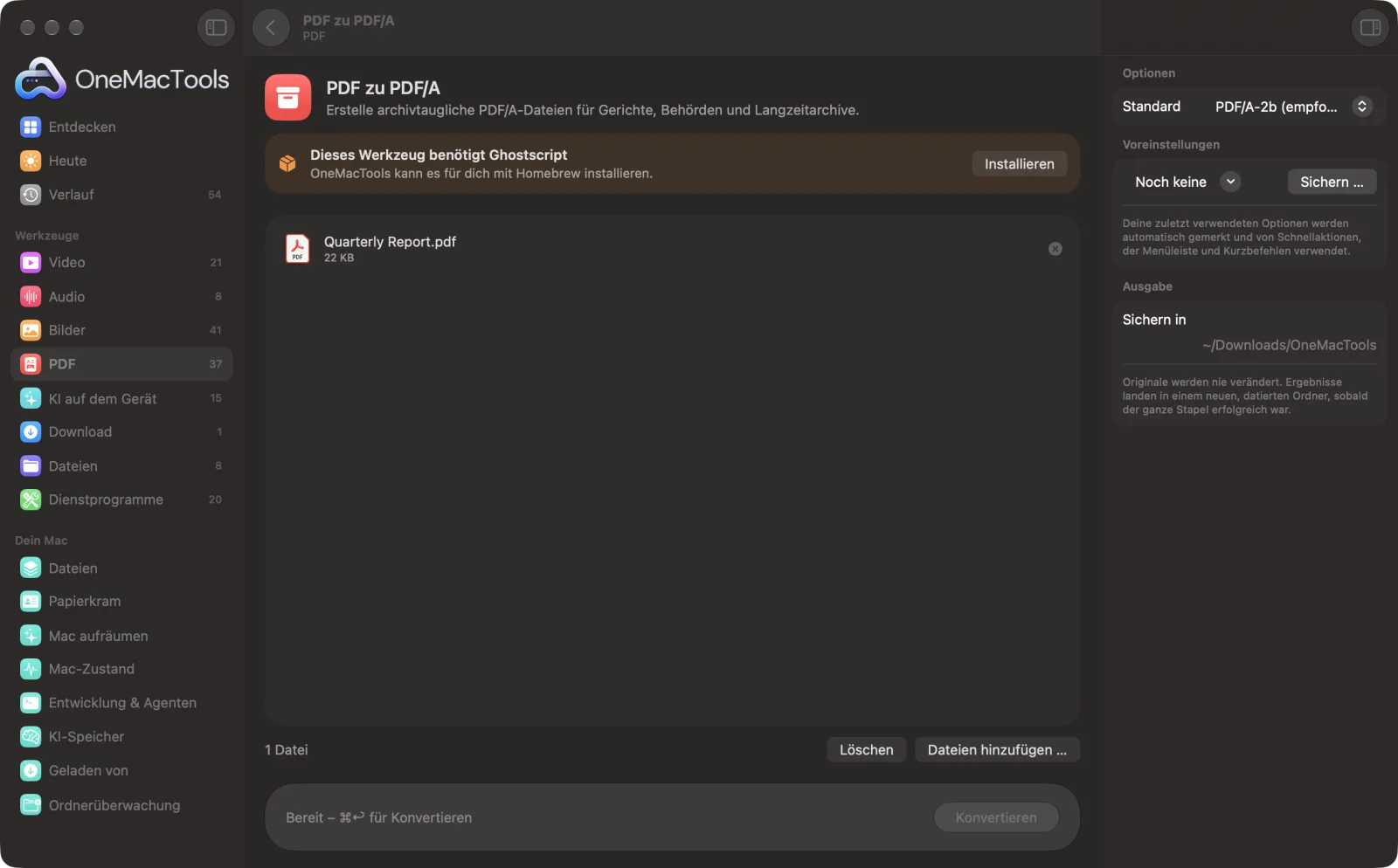 PDF zu PDF/A in OneMacTools auf einem Mac, mit Beispieldateien und seinen Optionen