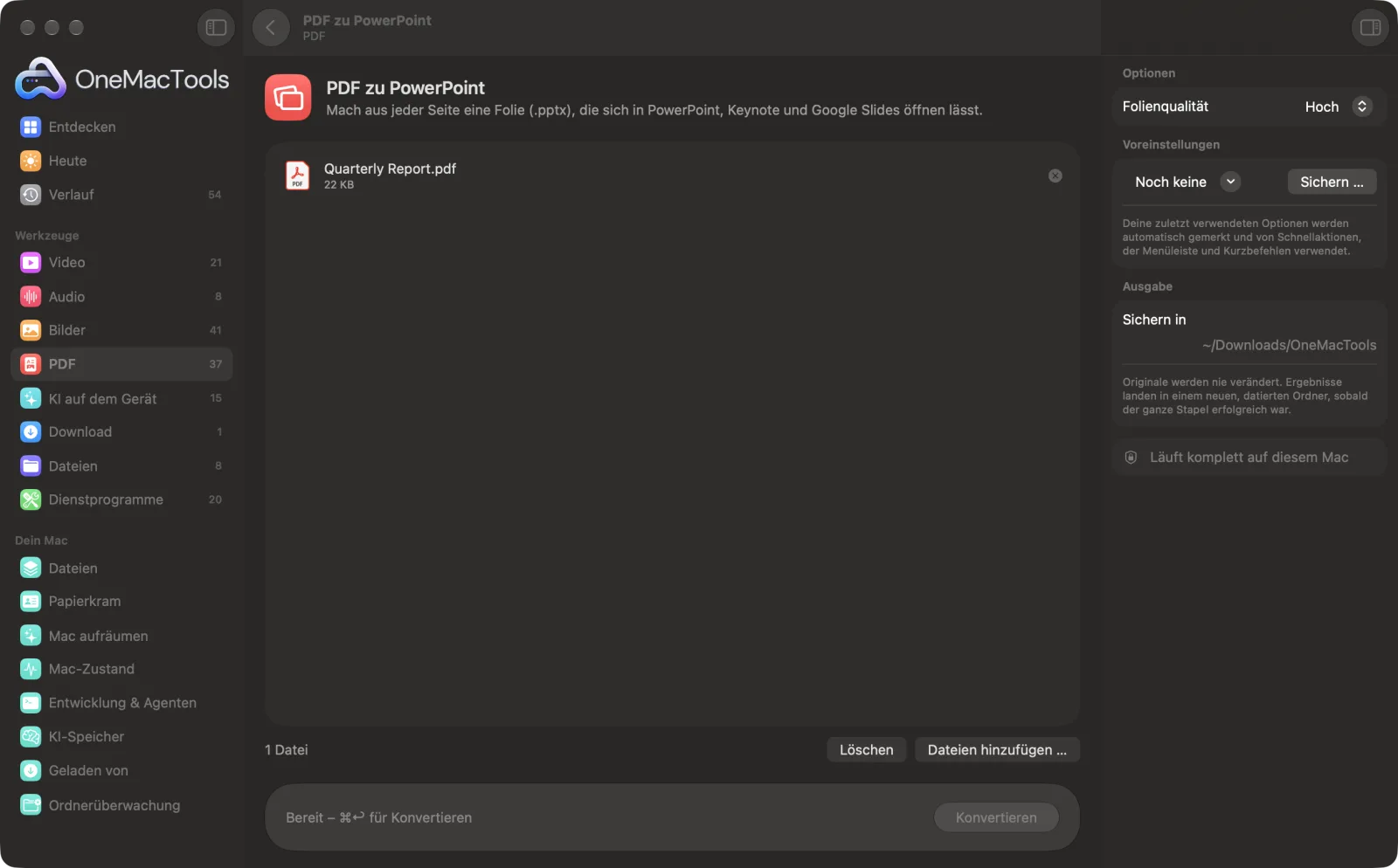 PDF zu PowerPoint in OneMacTools auf einem Mac, mit Beispieldateien und seinen Optionen