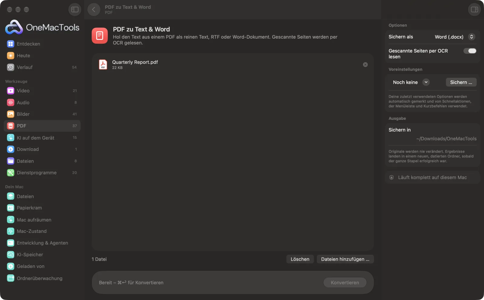 PDF zu Text & Word in OneMacTools auf einem Mac, mit Beispieldateien und seinen Optionen