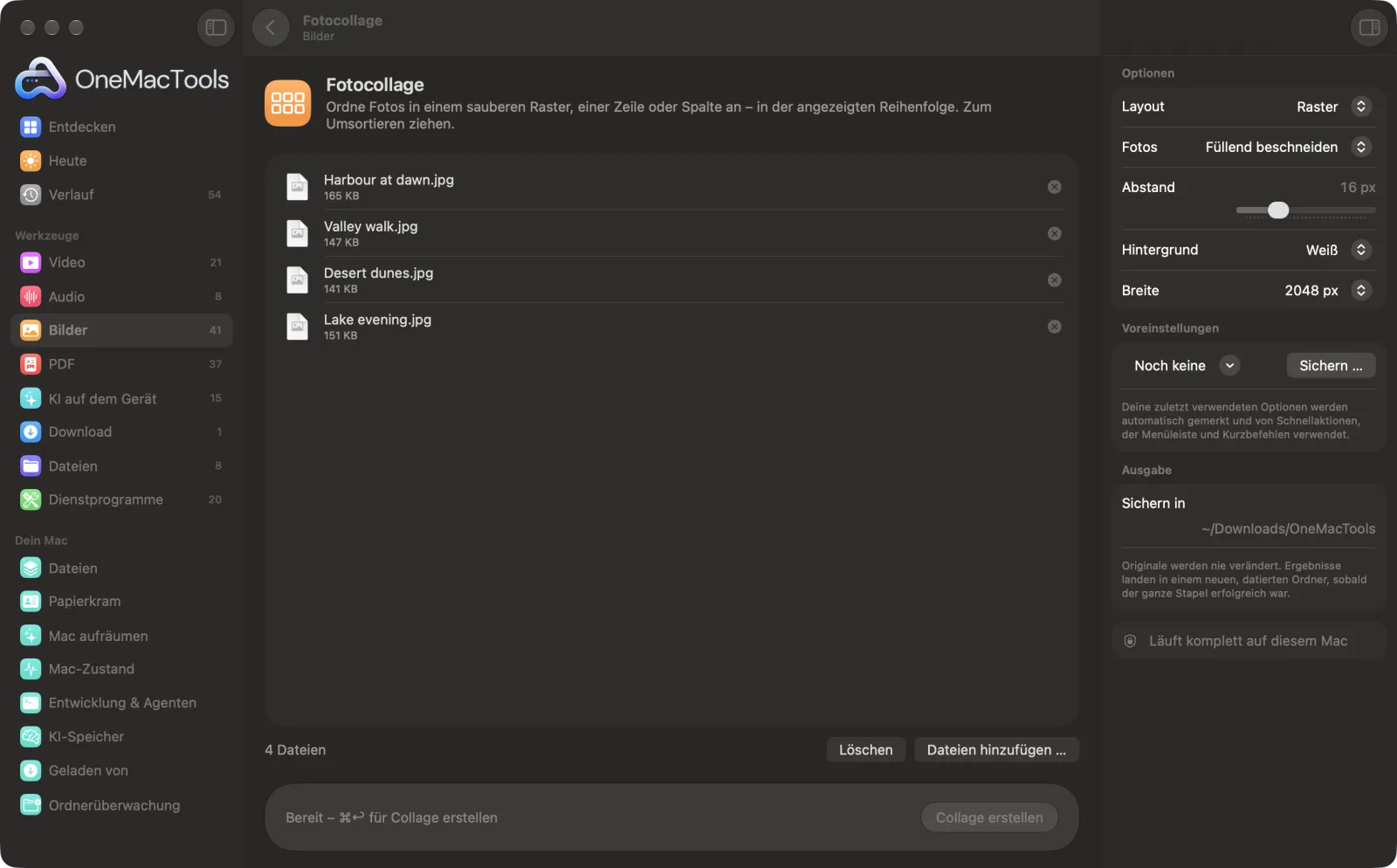 Fotocollage in OneMacTools auf einem Mac, mit Beispieldateien und seinen Optionen