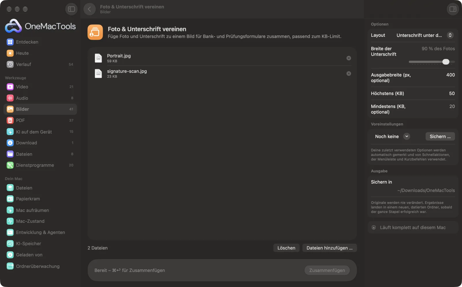 Foto & Unterschrift vereinen in OneMacTools auf einem Mac, mit Beispieldateien und seinen Optionen