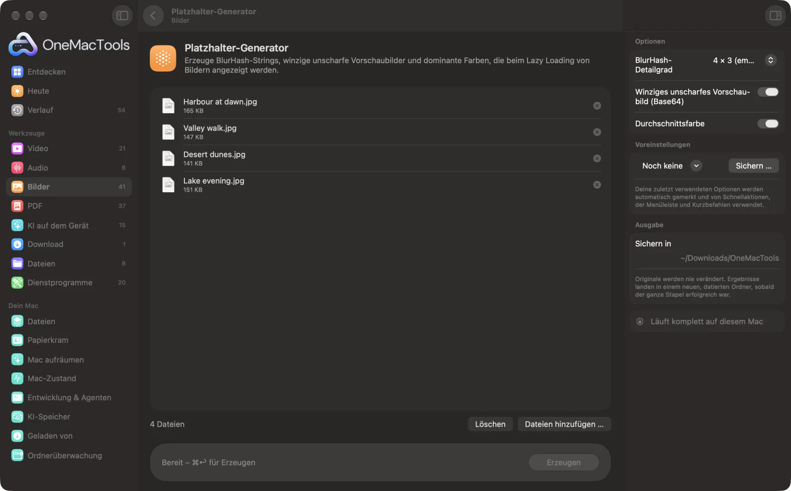 Platzhalter-Generator in OneMacTools auf einem Mac, mit Beispieldateien und seinen Optionen