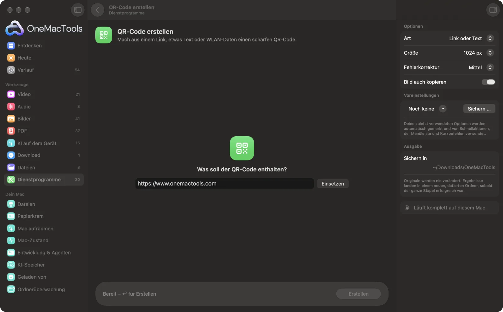QR-Code erstellen in OneMacTools mit geladenen Beispieldateien und geöffnetem Optionsbereich