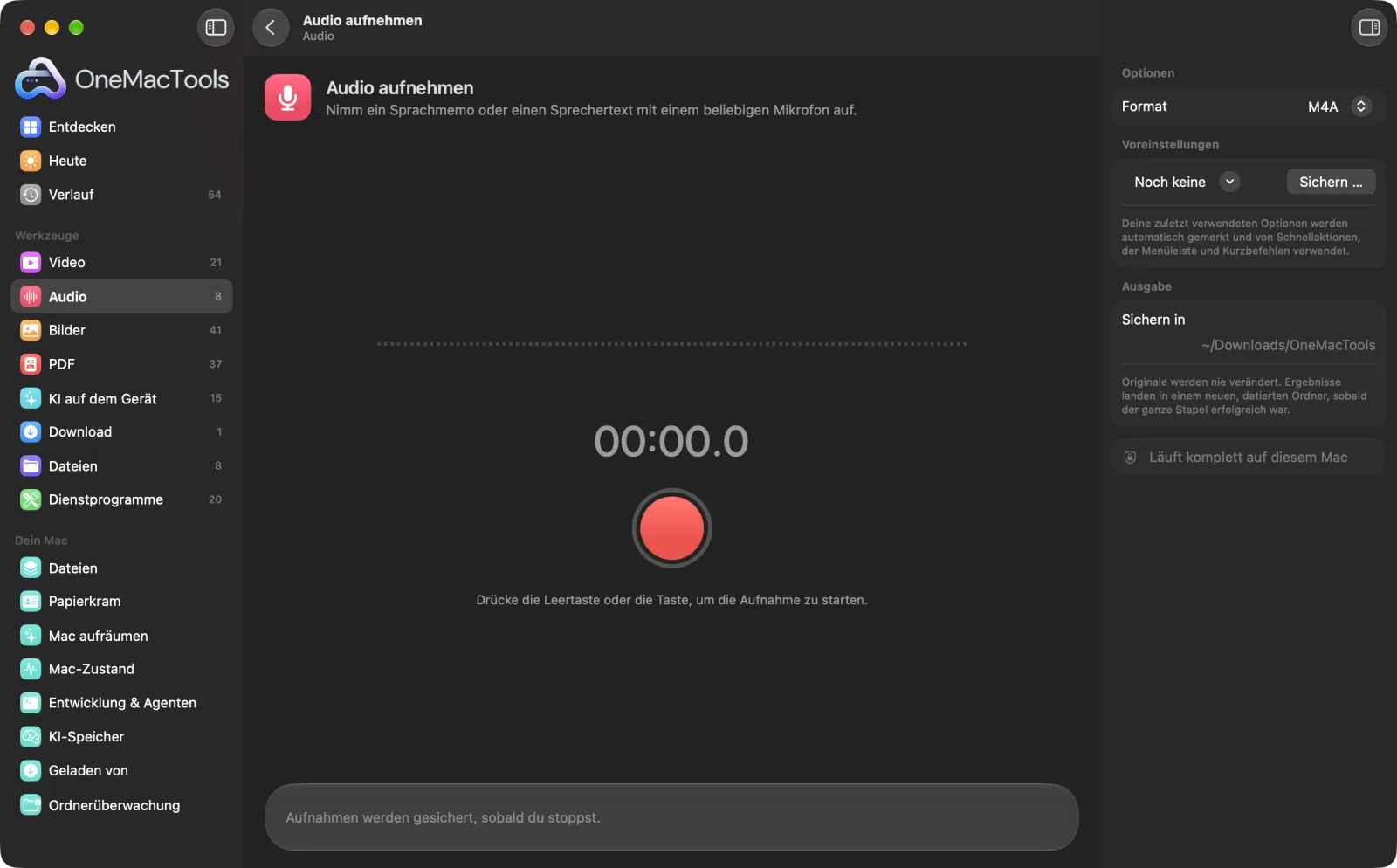 Audio aufnehmen in OneMacTools auf einem Mac, mit Beispieldateien und seinen Optionen
