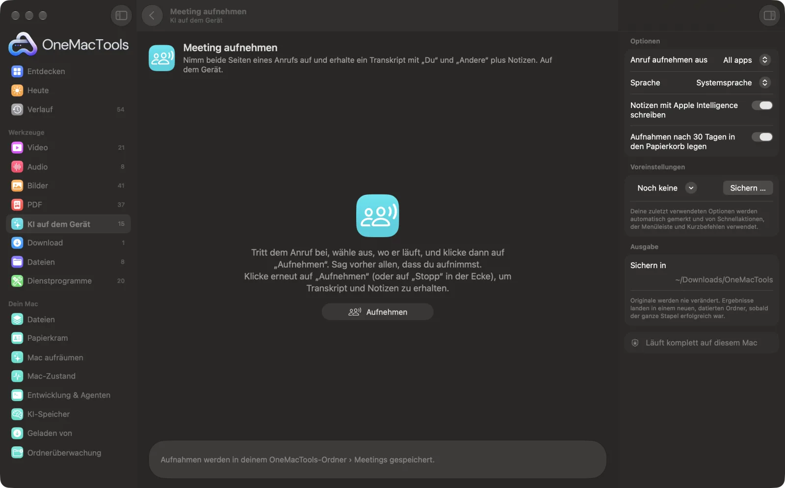 Meeting aufnehmen in OneMacTools auf einem Mac, mit Beispieldateien und seinen Optionen