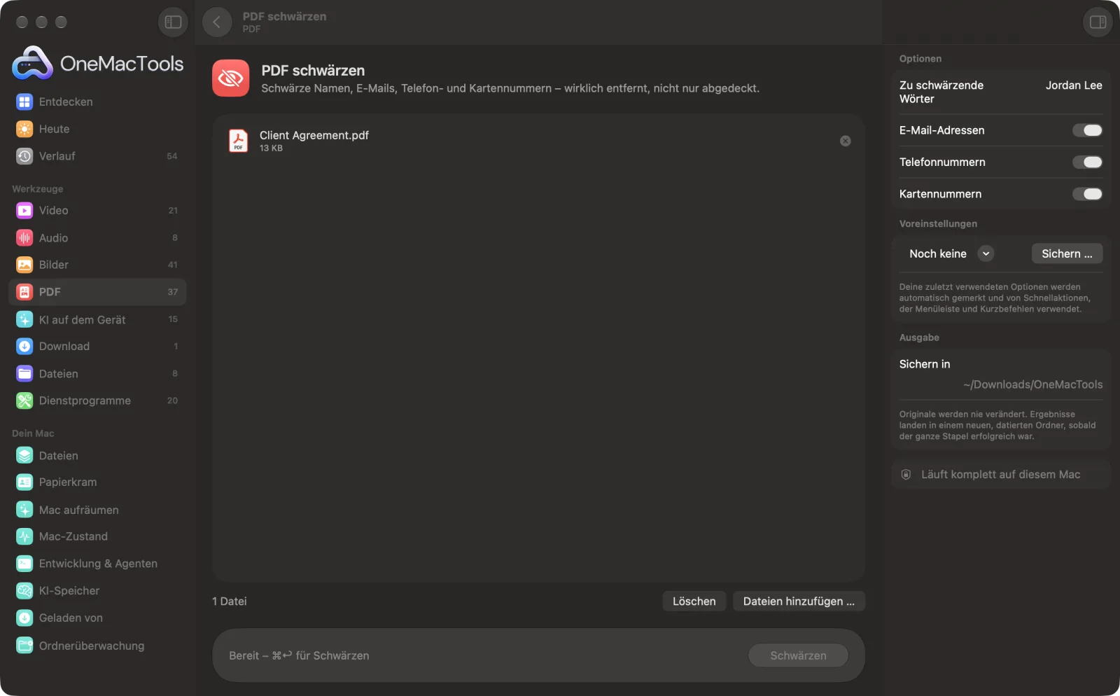 PDF schwärzen in OneMacTools mit geladenen Beispieldateien und geöffnetem Optionsbereich